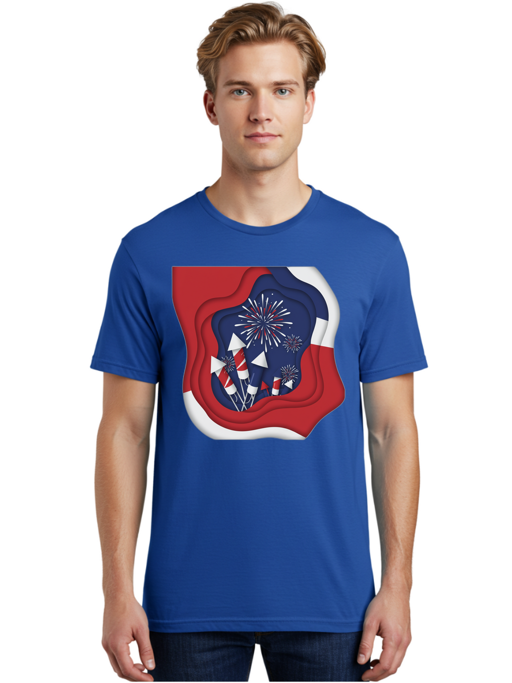 4Th-Of-July-Fireworks Men'S Graphic Tee, 100% Cotton, Comfortable Casual Summer Wear, Machine Washable, 4Th Of July Celebration, Fireworks Display, Patriotic Decor, Red White And Blue, Independence Day, Festive Atmosphere, Layered Paper Art, Bac578