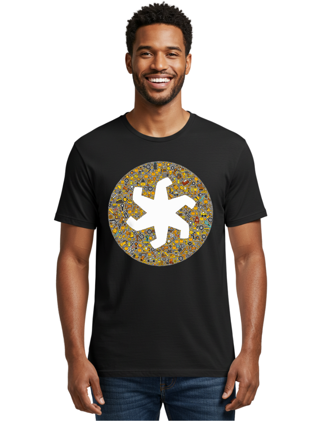 Airplane-Silhouette-Mosaic Men'S Graphic Tee, 100% Cotton, Comfortable Casual Summer Wear, Machine Washable, Airplane Silhouette, Yellow And Gray Mosaic, Machinery Parts, Industrial Theme, Creative Design, Travel Concept, Abstract Art, Bac581