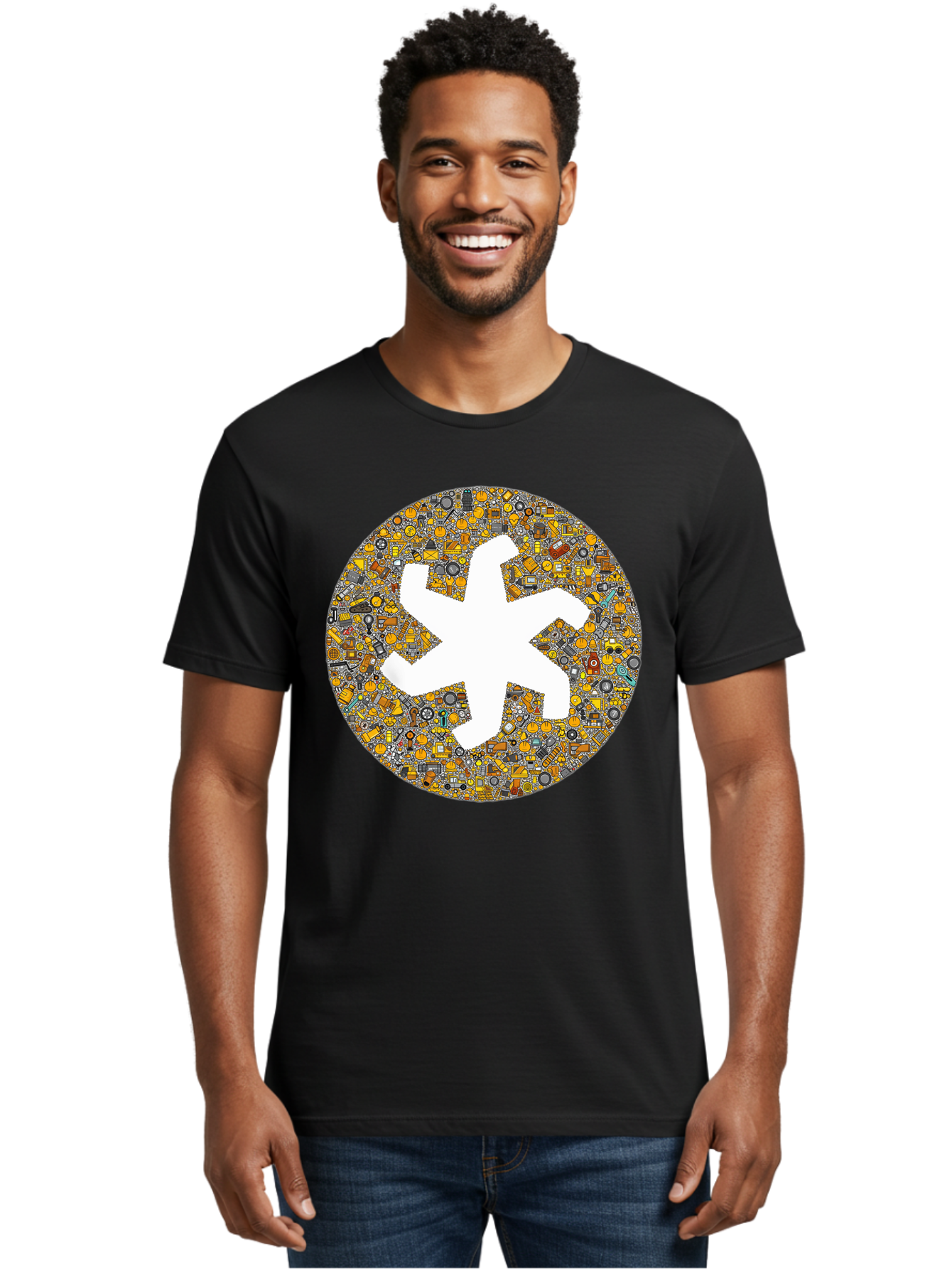 Airplane-Silhouette-Mosaic Men'S Graphic Tee, 100% Cotton, Comfortable Casual Summer Wear, Machine Washable, Airplane Silhouette, Yellow And Gray Mosaic, Machinery Parts, Industrial Theme, Creative Design, Travel Concept, Abstract Art, Bac581