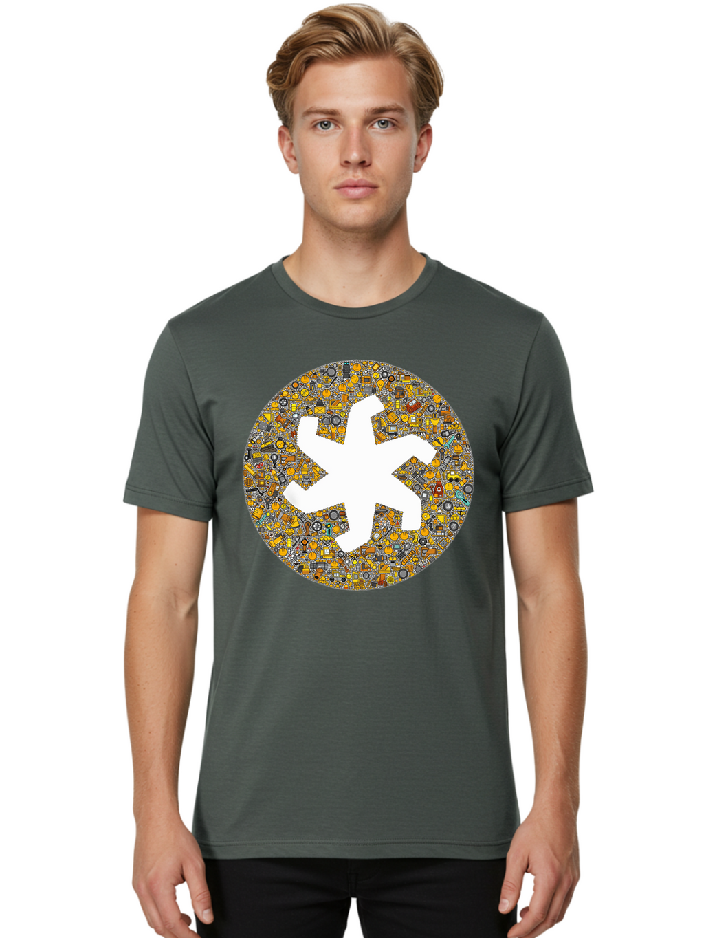 Airplane-Silhouette-Mosaic Men'S Graphic Tee, 100% Cotton, Comfortable Casual Summer Wear, Machine Washable, Airplane Silhouette, Yellow And Gray Mosaic, Machinery Parts, Industrial Theme, Creative Design, Travel Concept, Abstract Art, Bac581