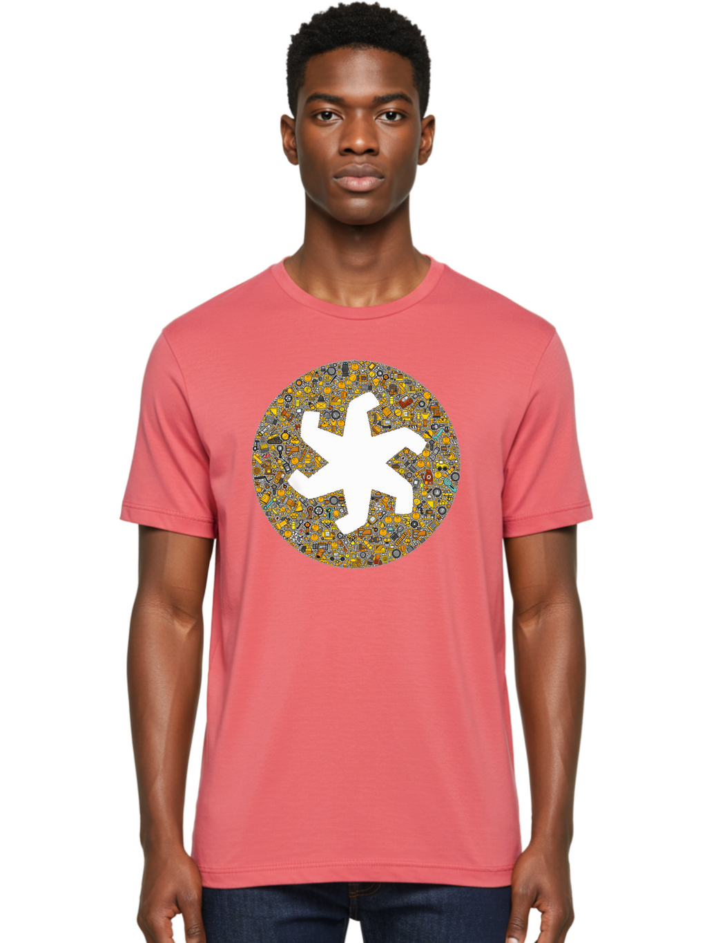 Airplane-Silhouette-Mosaic Men'S Graphic Tee, 100% Cotton, Comfortable Casual Summer Wear, Machine Washable, Airplane Silhouette, Yellow And Gray Mosaic, Machinery Parts, Industrial Theme, Creative Design, Travel Concept, Abstract Art, Bac581