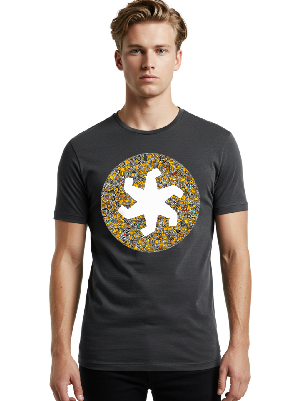 Airplane-Silhouette-Mosaic Men'S Graphic Tee, 100% Cotton, Comfortable Casual Summer Wear, Machine Washable, Airplane Silhouette, Yellow And Gray Mosaic, Machinery Parts, Industrial Theme, Creative Design, Travel Concept, Abstract Art, Bac581