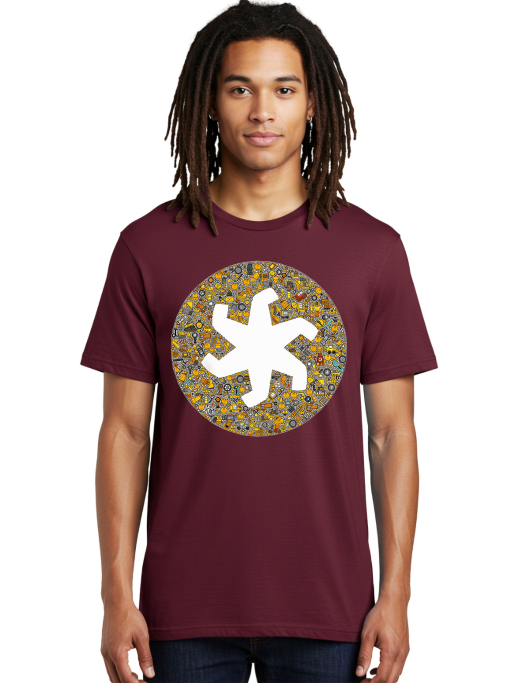 Airplane-Silhouette-Mosaic Men'S Graphic Tee, 100% Cotton, Comfortable Casual Summer Wear, Machine Washable, Airplane Silhouette, Yellow And Gray Mosaic, Machinery Parts, Industrial Theme, Creative Design, Travel Concept, Abstract Art, Bac581