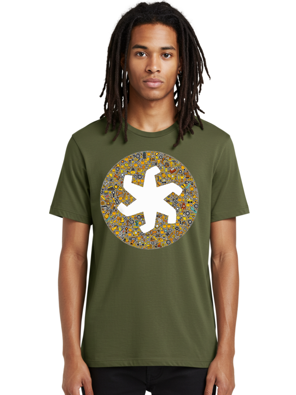 Airplane-Silhouette-Mosaic Men'S Graphic Tee, 100% Cotton, Comfortable Casual Summer Wear, Machine Washable, Airplane Silhouette, Yellow And Gray Mosaic, Machinery Parts, Industrial Theme, Creative Design, Travel Concept, Abstract Art, Bac581