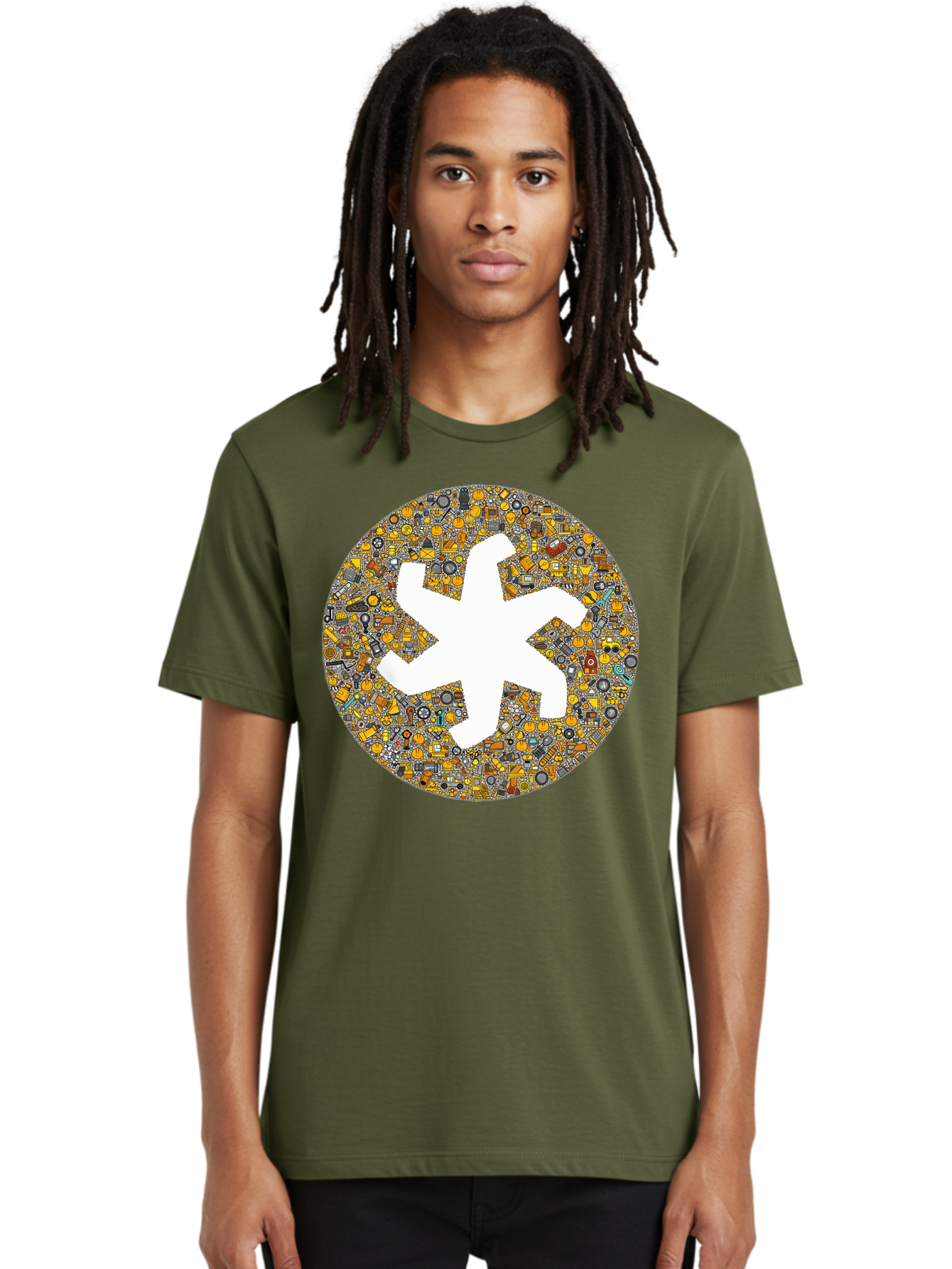 Airplane-Silhouette-Mosaic Men'S Graphic Tee, 100% Cotton, Comfortable Casual Summer Wear, Machine Washable, Airplane Silhouette, Yellow And Gray Mosaic, Machinery Parts, Industrial Theme, Creative Design, Travel Concept, Abstract Art, Bac581