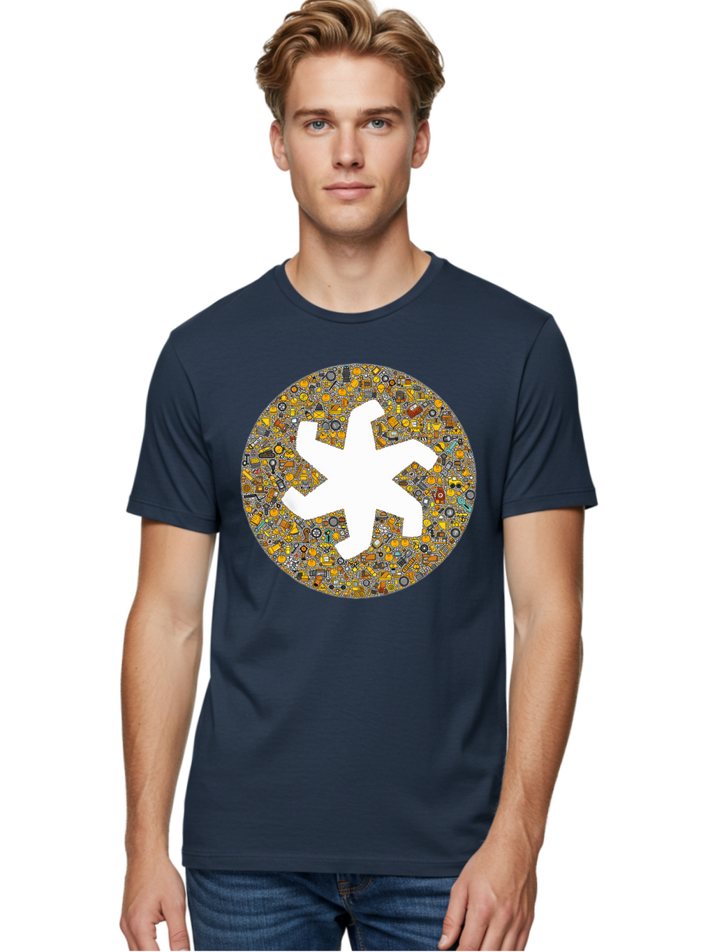 Airplane-Silhouette-Mosaic Men'S Graphic Tee, 100% Cotton, Comfortable Casual Summer Wear, Machine Washable, Airplane Silhouette, Yellow And Gray Mosaic, Machinery Parts, Industrial Theme, Creative Design, Travel Concept, Abstract Art, Bac581