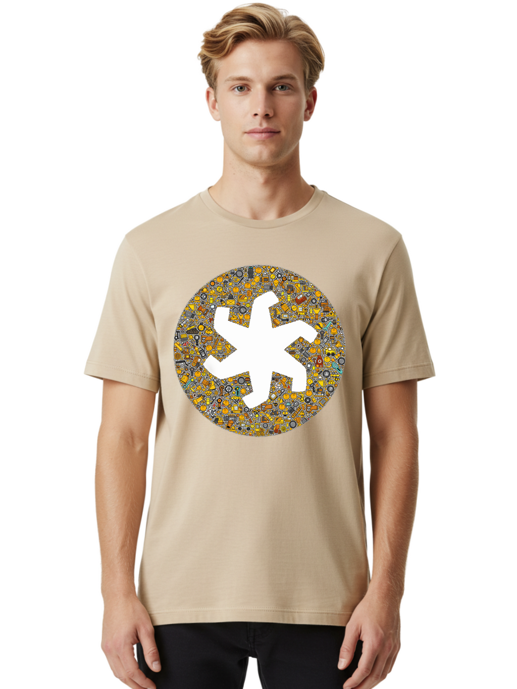 Airplane-Silhouette-Mosaic Men'S Graphic Tee, 100% Cotton, Comfortable Casual Summer Wear, Machine Washable, Airplane Silhouette, Yellow And Gray Mosaic, Machinery Parts, Industrial Theme, Creative Design, Travel Concept, Abstract Art, Bac581