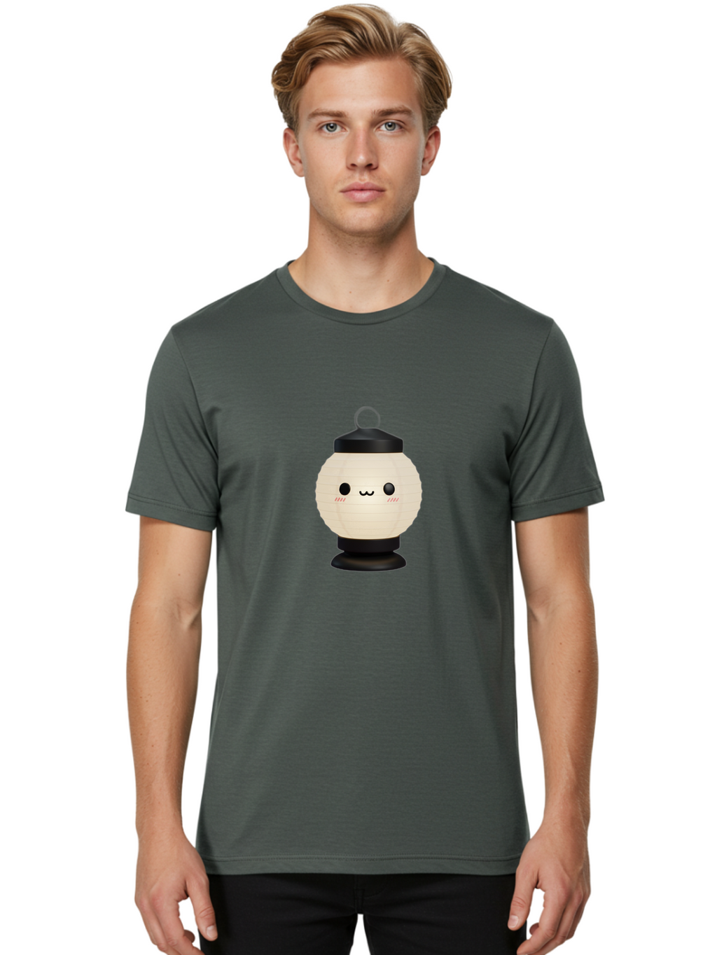 Akari-Chan-Lantern Men'S Graphic Tee, 100% Cotton, Comfortable Casual Summer Wear, Machine Washable, Kawaii Lantern, Japanese Culture, Paper Lantern, Cute Face, Emoticon, Illustration, Cartoon Style, Minimalist Design, Simple Art, Round Shape, Bac582