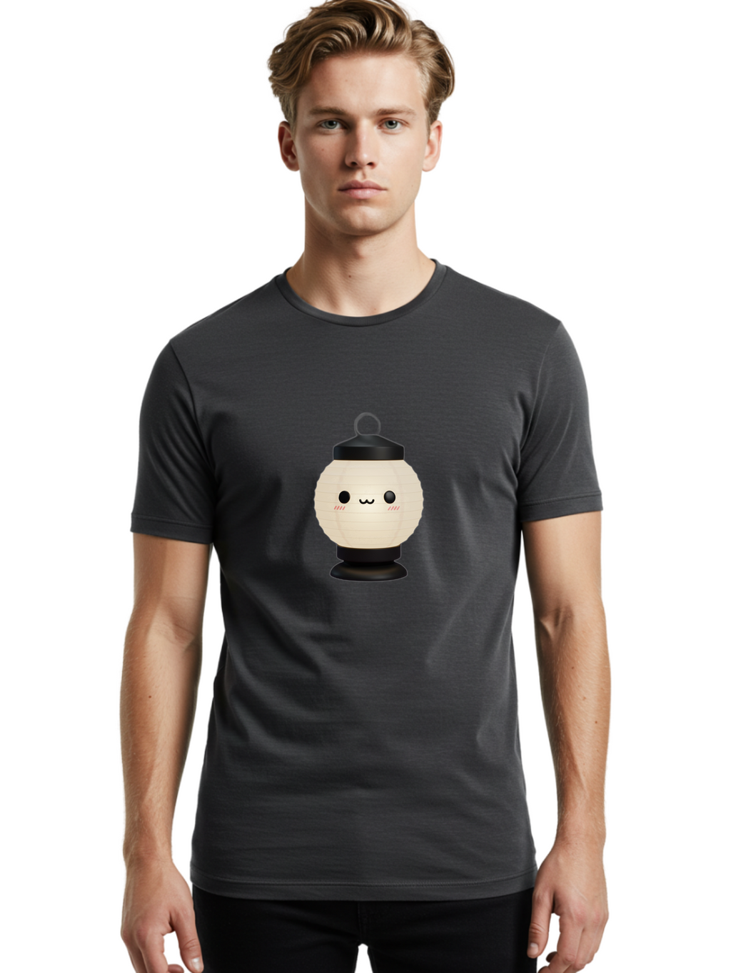 Akari-Chan-Lantern Men'S Graphic Tee, 100% Cotton, Comfortable Casual Summer Wear, Machine Washable, Kawaii Lantern, Japanese Culture, Paper Lantern, Cute Face, Emoticon, Illustration, Cartoon Style, Minimalist Design, Simple Art, Round Shape, Bac582