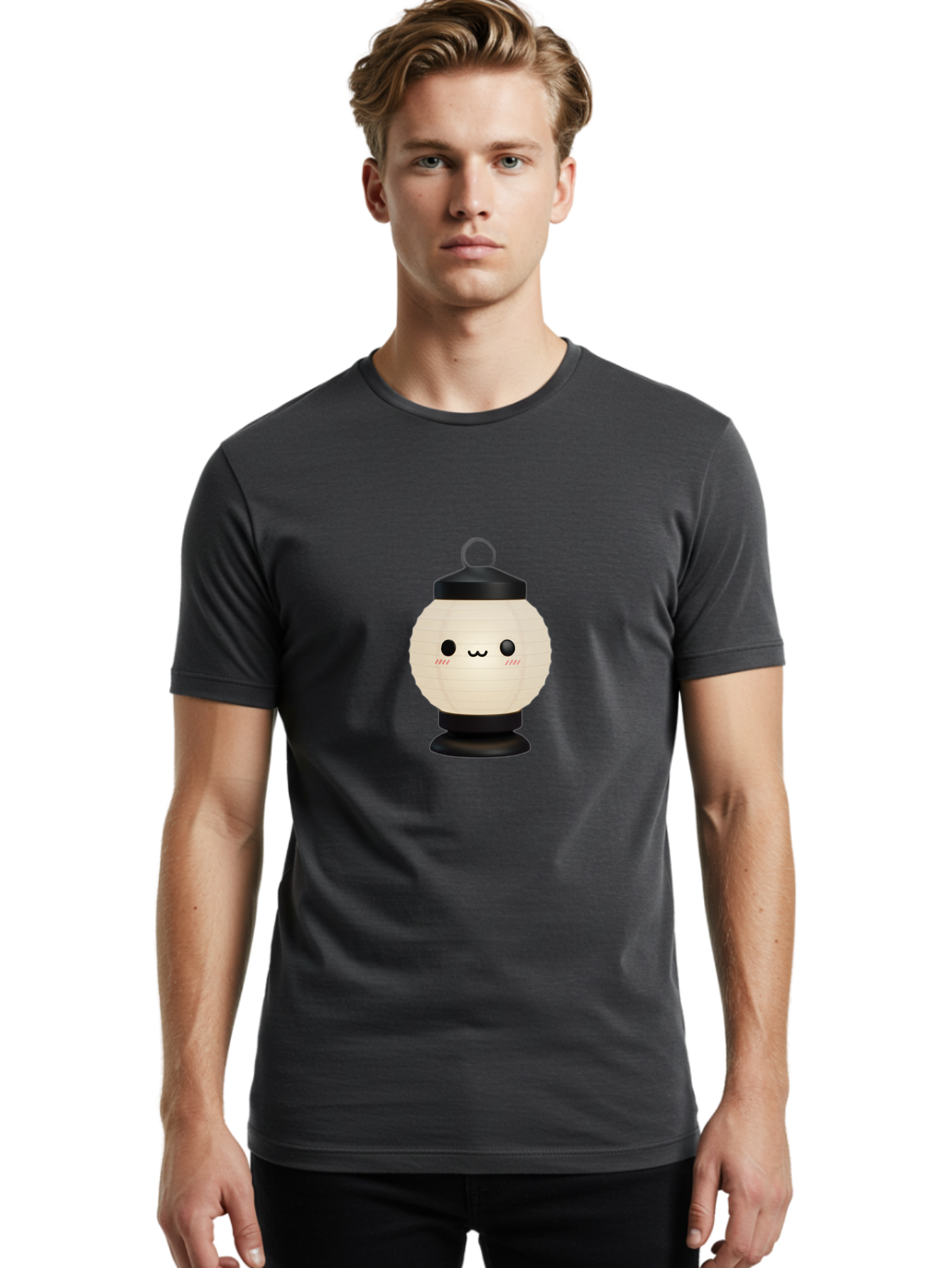 Akari-Chan-Lantern Men'S Graphic Tee, 100% Cotton, Comfortable Casual Summer Wear, Machine Washable, Kawaii Lantern, Japanese Culture, Paper Lantern, Cute Face, Emoticon, Illustration, Cartoon Style, Minimalist Design, Simple Art, Round Shape, Bac582