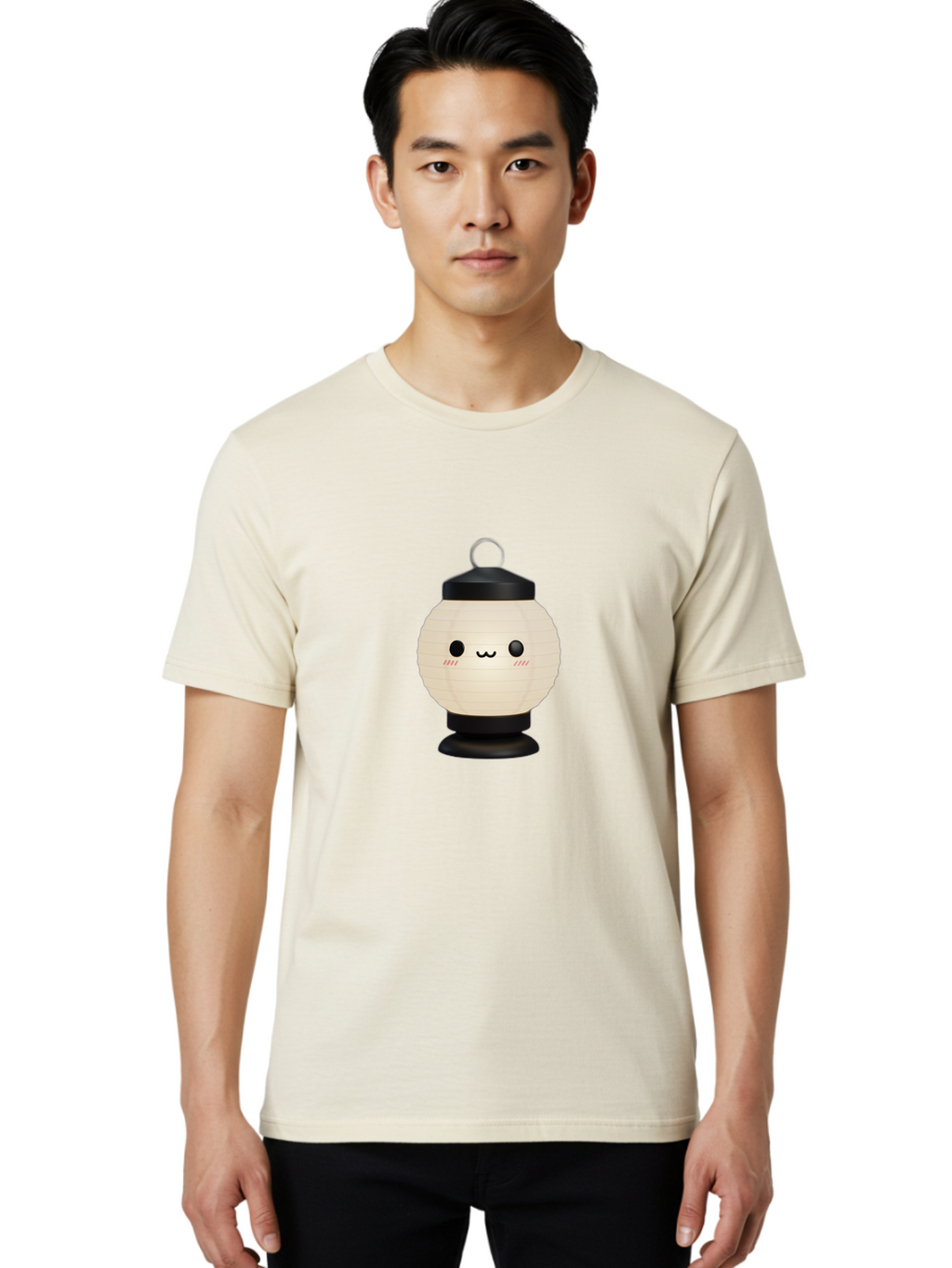 Akari-Chan-Lantern Men'S Graphic Tee, 100% Cotton, Comfortable Casual Summer Wear, Machine Washable, Kawaii Lantern, Japanese Culture, Paper Lantern, Cute Face, Emoticon, Illustration, Cartoon Style, Minimalist Design, Simple Art, Round Shape, Bac582