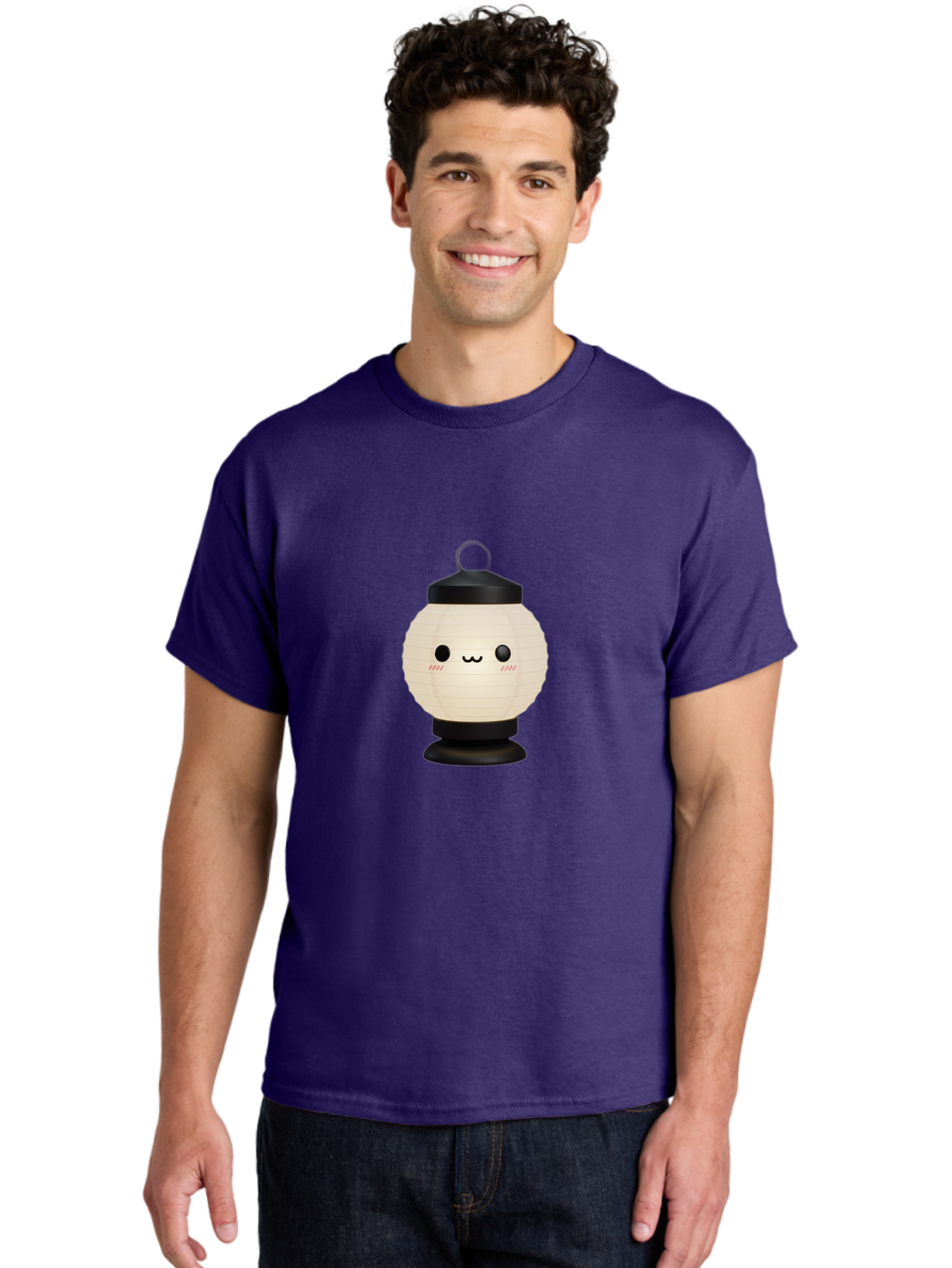 Akari-Chan-Lantern Men'S Graphic Tee, 100% Cotton, Comfortable Casual Summer Wear, Machine Washable, Kawaii Lantern, Japanese Culture, Paper Lantern, Cute Face, Emoticon, Illustration, Cartoon Style, Minimalist Design, Simple Art, Round Shape, Bac582