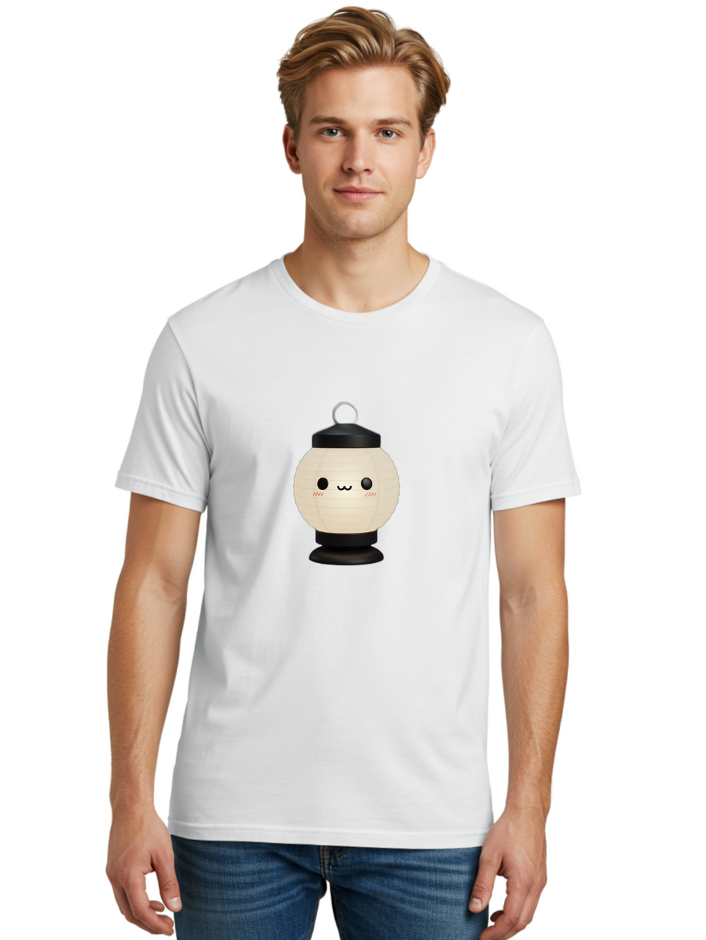Akari-Chan-Lantern Men'S Graphic Tee, 100% Cotton, Comfortable Casual Summer Wear, Machine Washable, Kawaii Lantern, Japanese Culture, Paper Lantern, Cute Face, Emoticon, Illustration, Cartoon Style, Minimalist Design, Simple Art, Round Shape, Bac582