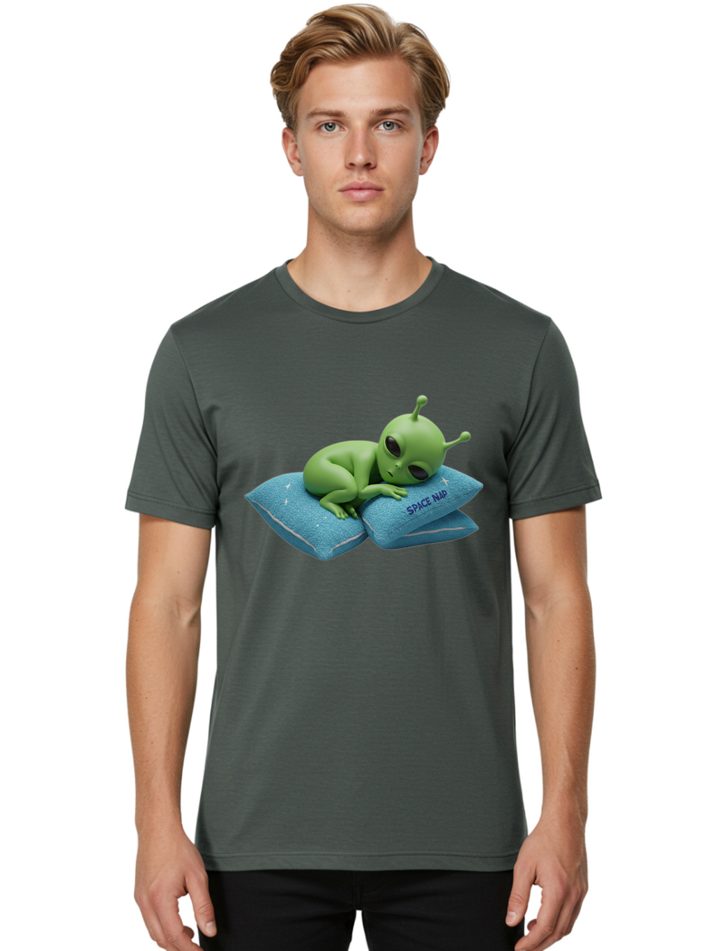 Alien-Sleeping-On-Pillows Men'S Graphic Tee, 100% Cotton, Comfortable Casual Summer Wear, Machine Washable, Alien Resting On Pillows, Extraterrestrial Being, Space Map, Stars, Sleepy Alien, Cute Cartoon Character, 3D Illustration, Funny Meme Bac583