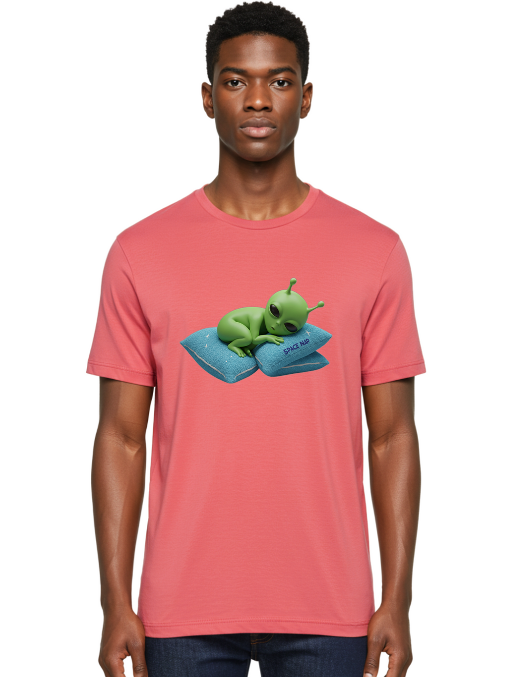 Alien-Sleeping-On-Pillows Men'S Graphic Tee, 100% Cotton, Comfortable Casual Summer Wear, Machine Washable, Alien Resting On Pillows, Extraterrestrial Being, Space Map, Stars, Sleepy Alien, Cute Cartoon Character, 3D Illustration, Funny Meme Bac583
