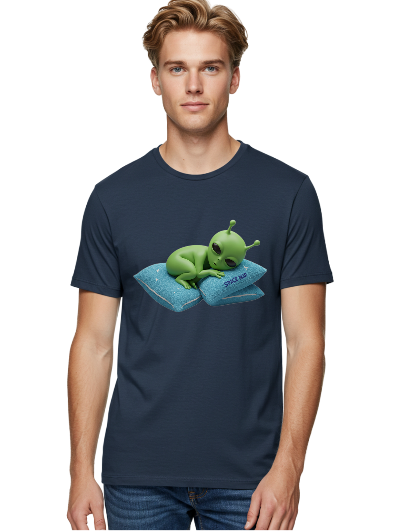 Alien-Sleeping-On-Pillows Men'S Graphic Tee, 100% Cotton, Comfortable Casual Summer Wear, Machine Washable, Alien Resting On Pillows, Extraterrestrial Being, Space Map, Stars, Sleepy Alien, Cute Cartoon Character, 3D Illustration, Funny Meme Bac583