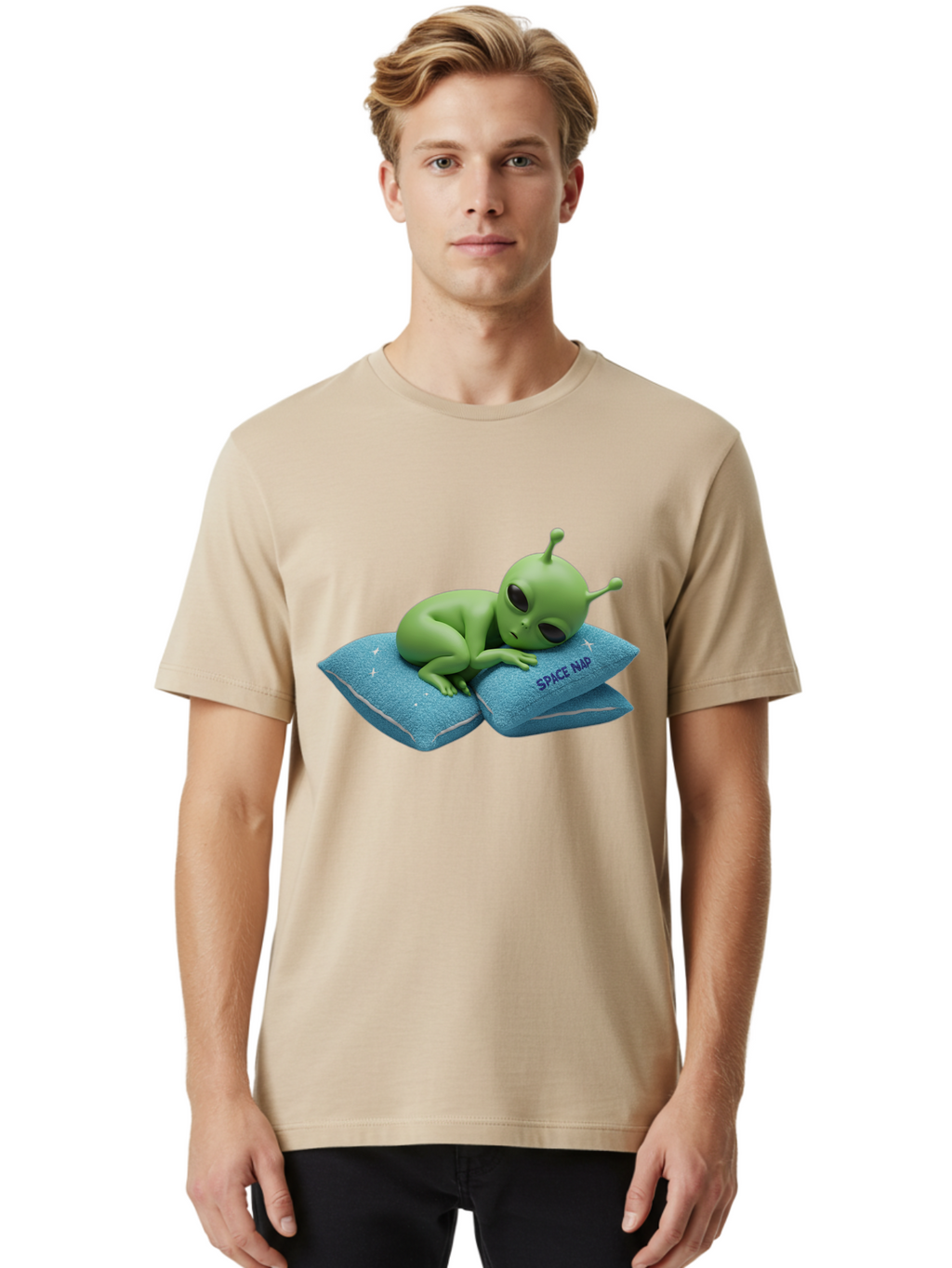 Alien-Sleeping-On-Pillows Men'S Graphic Tee, 100% Cotton, Comfortable Casual Summer Wear, Machine Washable, Alien Resting On Pillows, Extraterrestrial Being, Space Map, Stars, Sleepy Alien, Cute Cartoon Character, 3D Illustration, Funny Meme Bac583