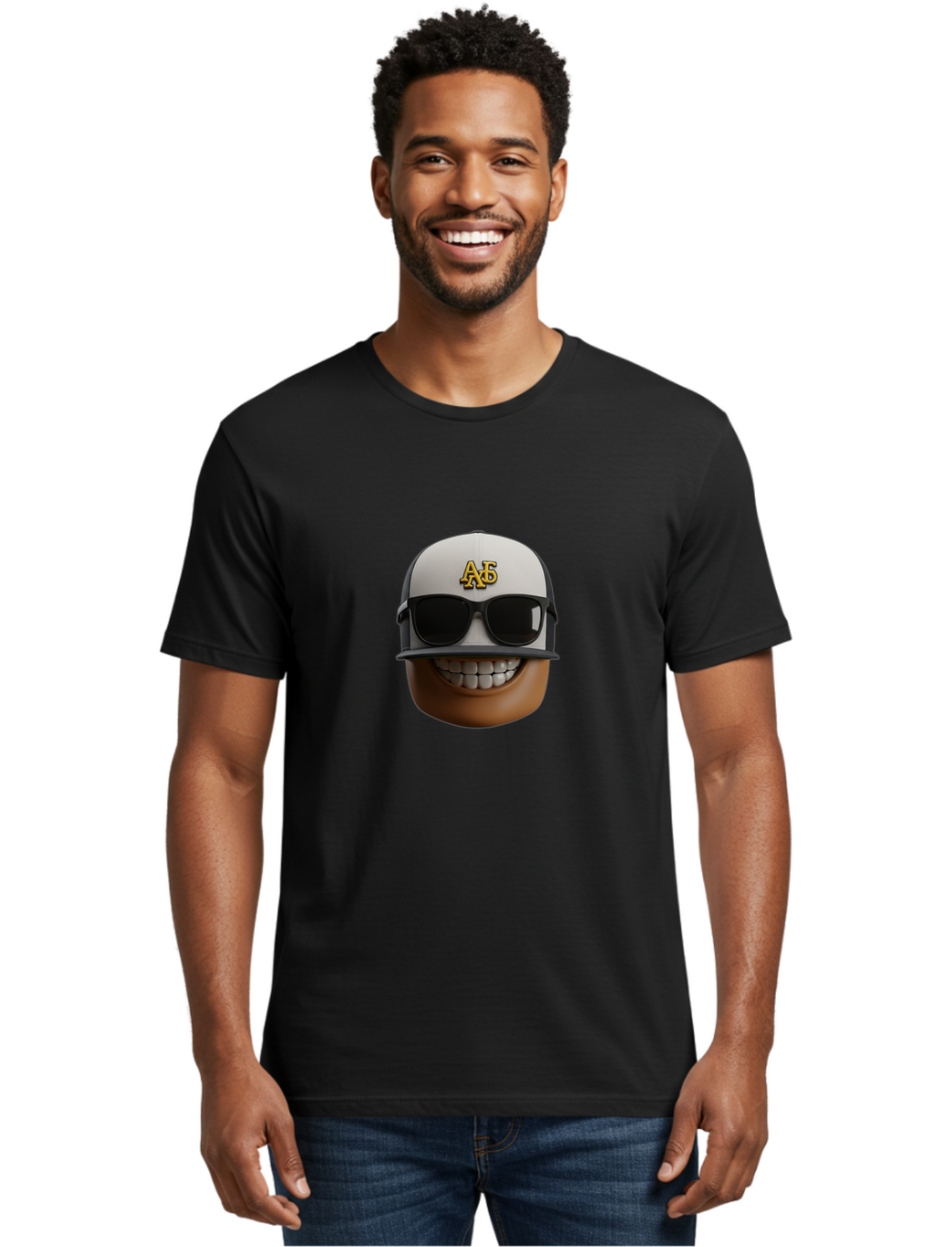 Alpha-Phi-Alpha-Emoji Men'S Graphic Tee, 100% Cotton, Comfortable Casual Summer Wear, Machine Washable, Smiling Face, Sunglasses, Baseball Cap, White Hat, Greek Letters, Alpha Phi Alpha, Fraternity Symbol, Cool Guy, Happy Expression, Bac584