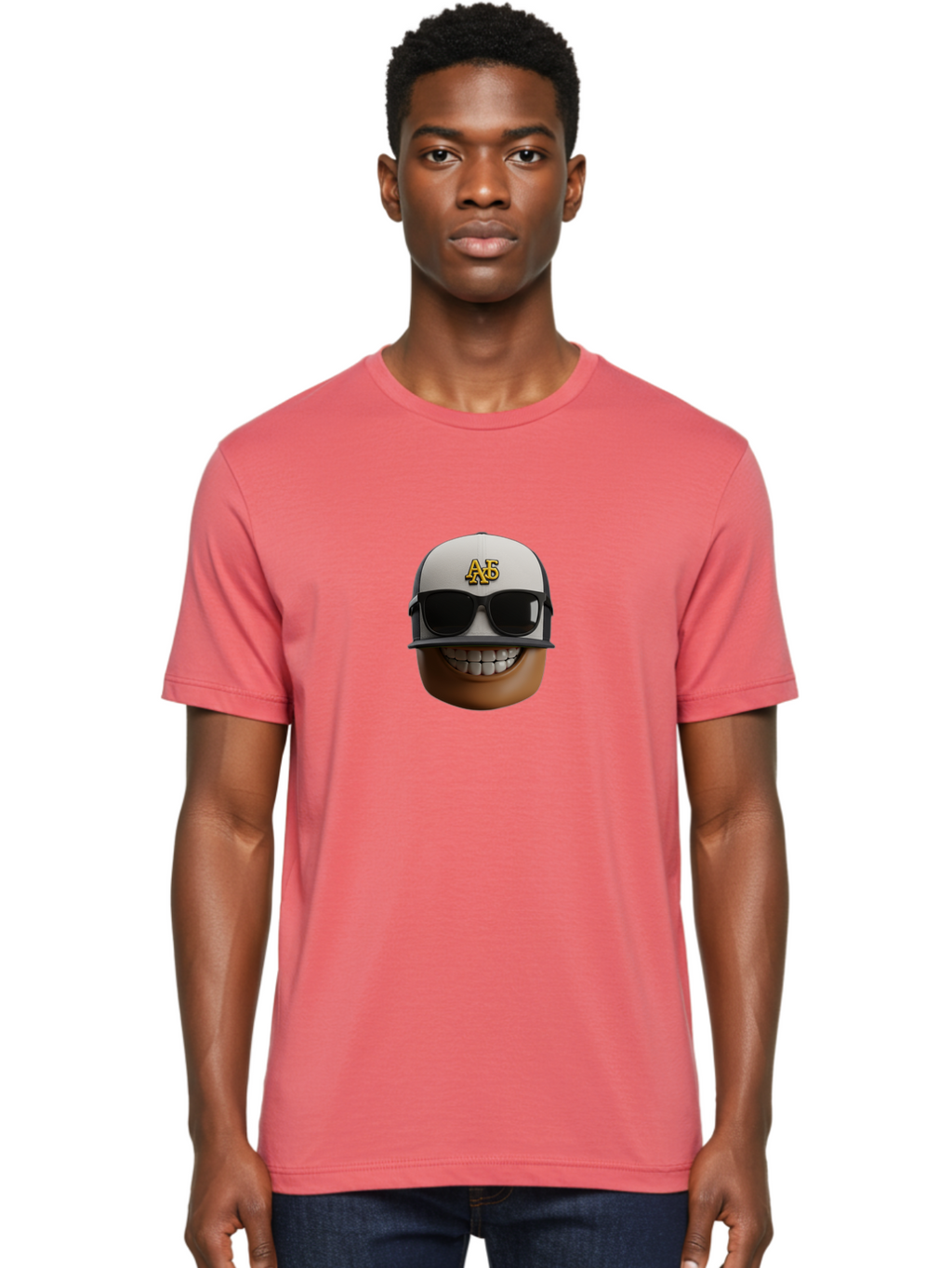 Alpha-Phi-Alpha-Emoji Men'S Graphic Tee, 100% Cotton, Comfortable Casual Summer Wear, Machine Washable, Smiling Face, Sunglasses, Baseball Cap, White Hat, Greek Letters, Alpha Phi Alpha, Fraternity Symbol, Cool Guy, Happy Expression, Bac584