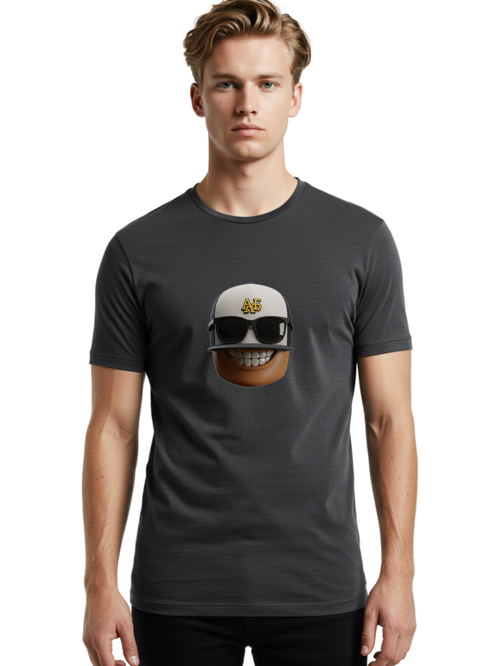 Alpha-Phi-Alpha-Emoji Men'S Graphic Tee, 100% Cotton, Comfortable Casual Summer Wear, Machine Washable, Smiling Face, Sunglasses, Baseball Cap, White Hat, Greek Letters, Alpha Phi Alpha, Fraternity Symbol, Cool Guy, Happy Expression, Bac584
