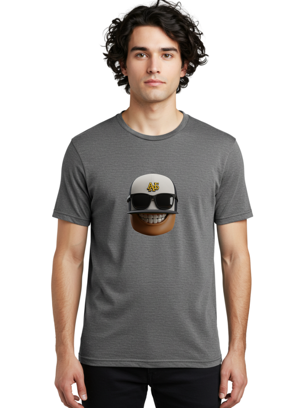 Alpha-Phi-Alpha-Emoji Men'S Graphic Tee, 100% Cotton, Comfortable Casual Summer Wear, Machine Washable, Smiling Face, Sunglasses, Baseball Cap, White Hat, Greek Letters, Alpha Phi Alpha, Fraternity Symbol, Cool Guy, Happy Expression, Bac584
