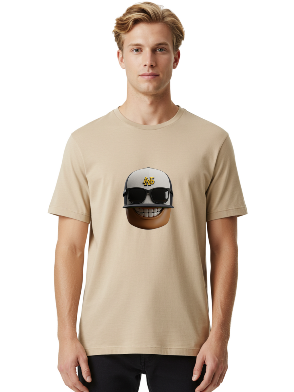 Alpha-Phi-Alpha-Emoji Men'S Graphic Tee, 100% Cotton, Comfortable Casual Summer Wear, Machine Washable, Smiling Face, Sunglasses, Baseball Cap, White Hat, Greek Letters, Alpha Phi Alpha, Fraternity Symbol, Cool Guy, Happy Expression, Bac584