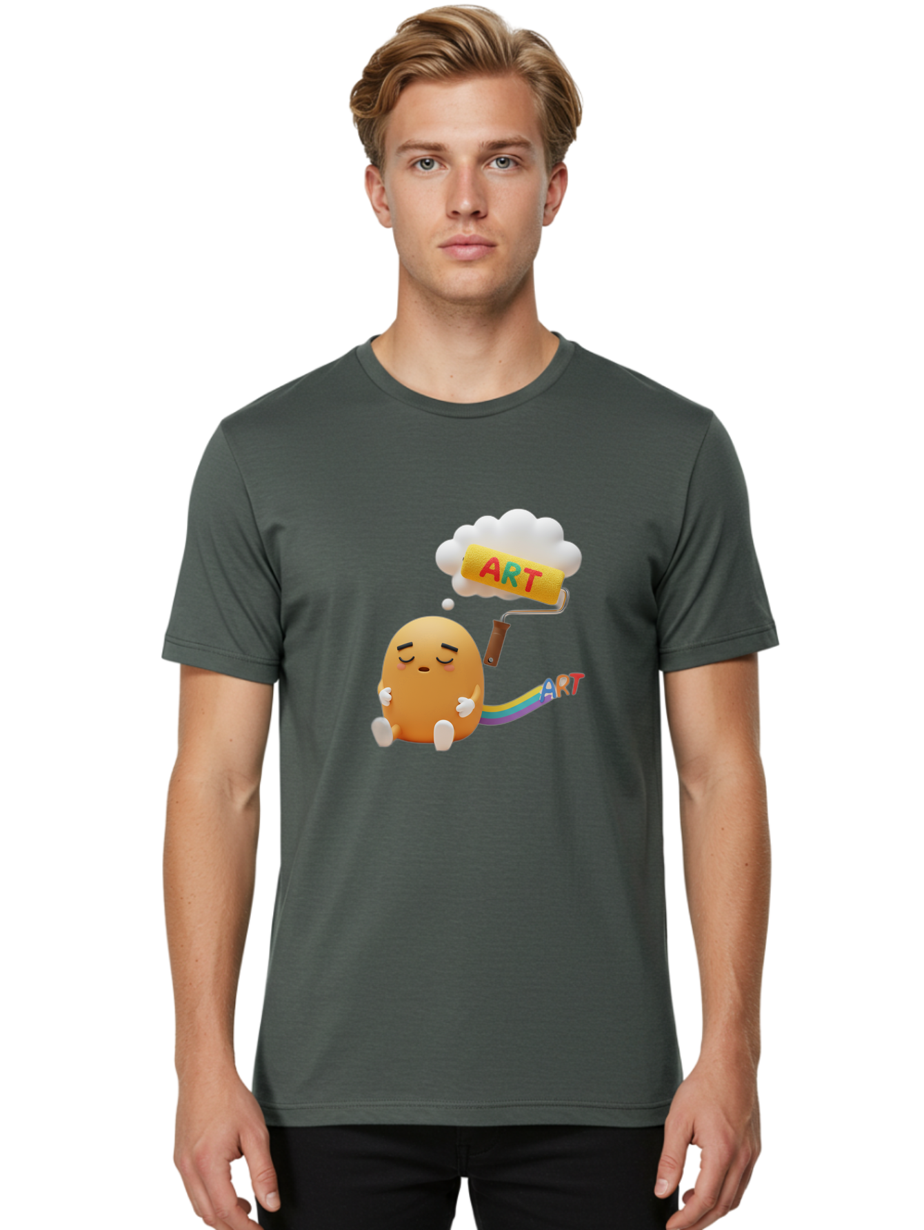 Art Men'S Graphic Tee, 100% Cotton, Comfortable Casual Summer Wear, Machine Washable, Cartoon Character, Creativity Unleashed, Dreamy Thoughts, Paint Roller, Colorful Art, Imagination, Artistic Expression, Vibrant Colors Bac587