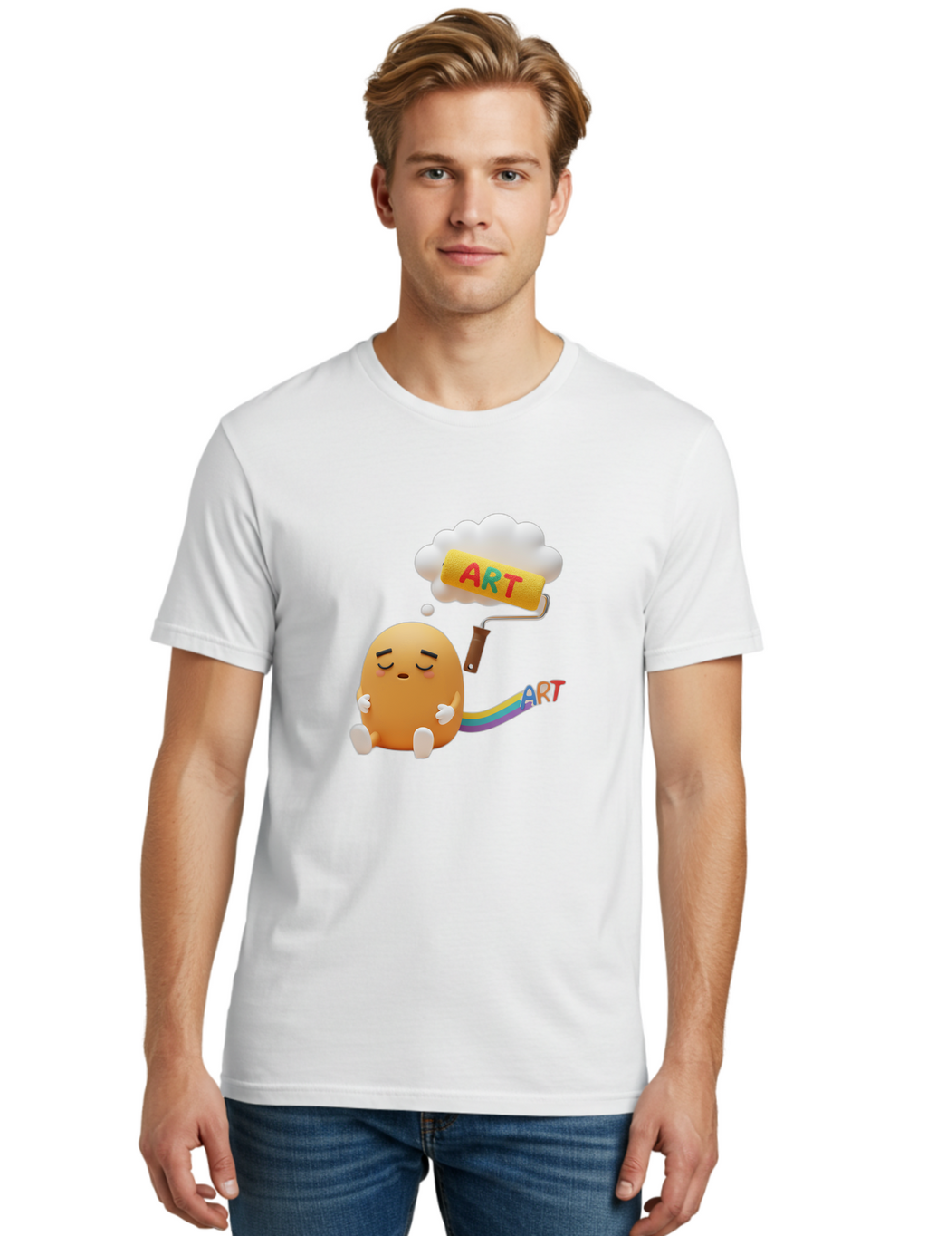 Art Men'S Graphic Tee, 100% Cotton, Comfortable Casual Summer Wear, Machine Washable, Cartoon Character, Creativity Unleashed, Dreamy Thoughts, Paint Roller, Colorful Art, Imagination, Artistic Expression, Vibrant Colors Bac587