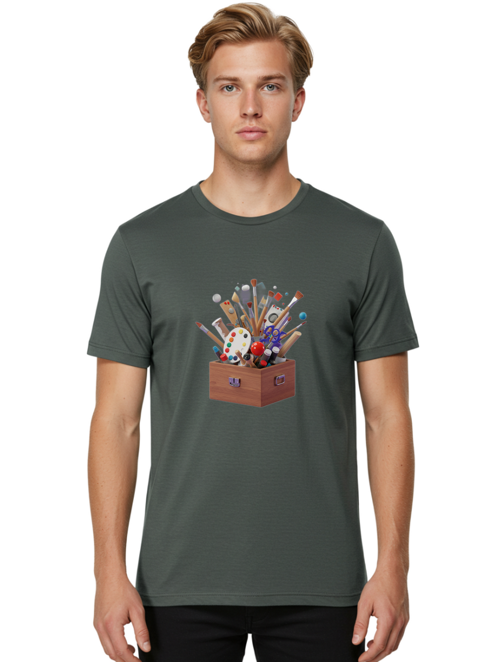 Artist-Toolbox Men'S Graphic Tee, 100% Cotton, Comfortable Casual Summer Wear, Machine Washable, Art Supplies, Paintbrushes, Palette, Paint Tubes, Creativity, Artistic Expression, Crafting, Diy, Art Studio, Painting Tools, Colorful Art Bac588