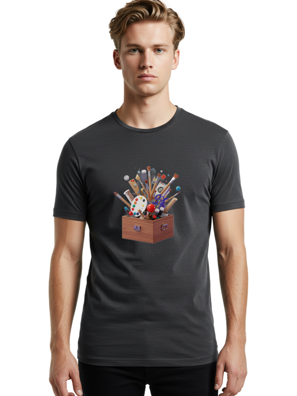 Artist-Toolbox Men'S Graphic Tee, 100% Cotton, Comfortable Casual Summer Wear, Machine Washable, Art Supplies, Paintbrushes, Palette, Paint Tubes, Creativity, Artistic Expression, Crafting, Diy, Art Studio, Painting Tools, Colorful Art Bac588