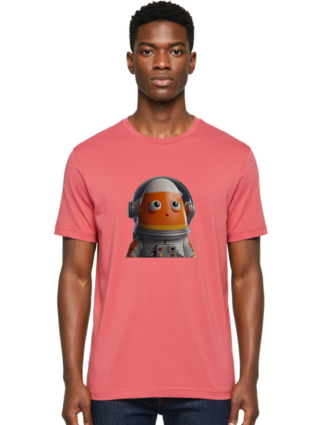 Astronaut-Fish Men'S Graphic Tee, 100% Cotton, Comfortable Casual Summer Wear, Machine Washable, Futuristic Astronaut, Candy-Themed Space Suit, Orange And White Colors, Cartoon-Style Character, Space Exploration, Sci-Fi Elements, Bac589