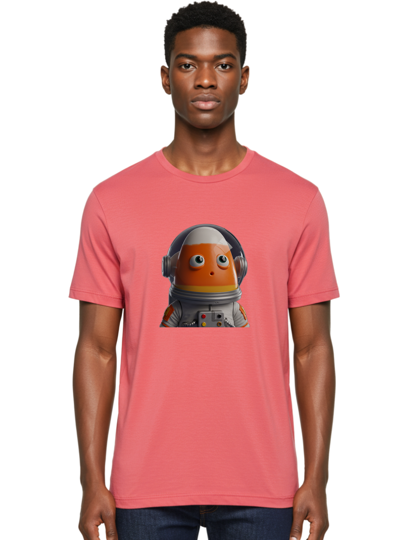 Astronaut-Fish Men'S Graphic Tee, 100% Cotton, Comfortable Casual Summer Wear, Machine Washable, Futuristic Astronaut, Candy-Themed Space Suit, Orange And White Colors, Cartoon-Style Character, Space Exploration, Sci-Fi Elements, Bac589