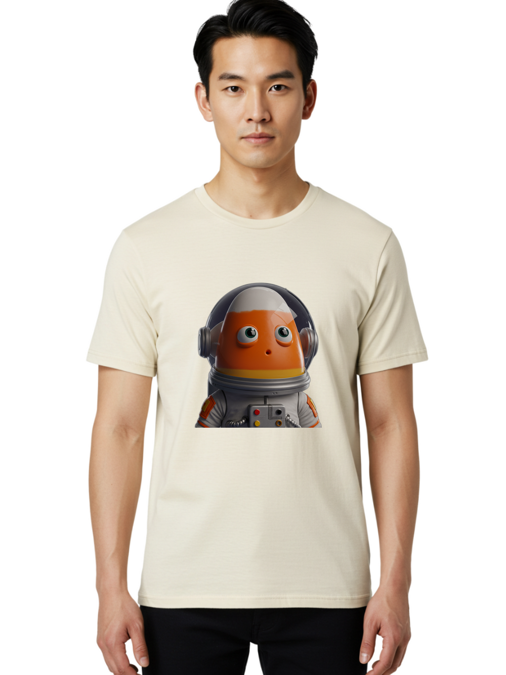 Astronaut-Fish Men'S Graphic Tee, 100% Cotton, Comfortable Casual Summer Wear, Machine Washable, Futuristic Astronaut, Candy-Themed Space Suit, Orange And White Colors, Cartoon-Style Character, Space Exploration, Sci-Fi Elements, Bac589