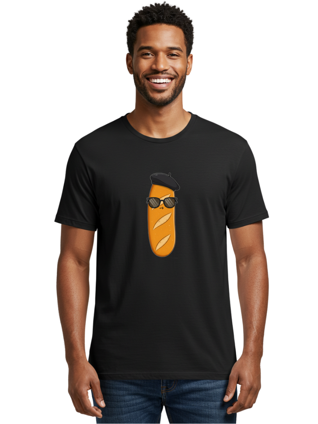 Baguette-Character-1 Men'S Graphic Tee, 100% Cotton, Comfortable Casual Summer Wear, Machine Washable, Cartoon Baguette, Sunglasses, Beret, French Bread, Cute Character, Funny Meme, Cartoon Style, Bread Character, Quirky Design, Bac590