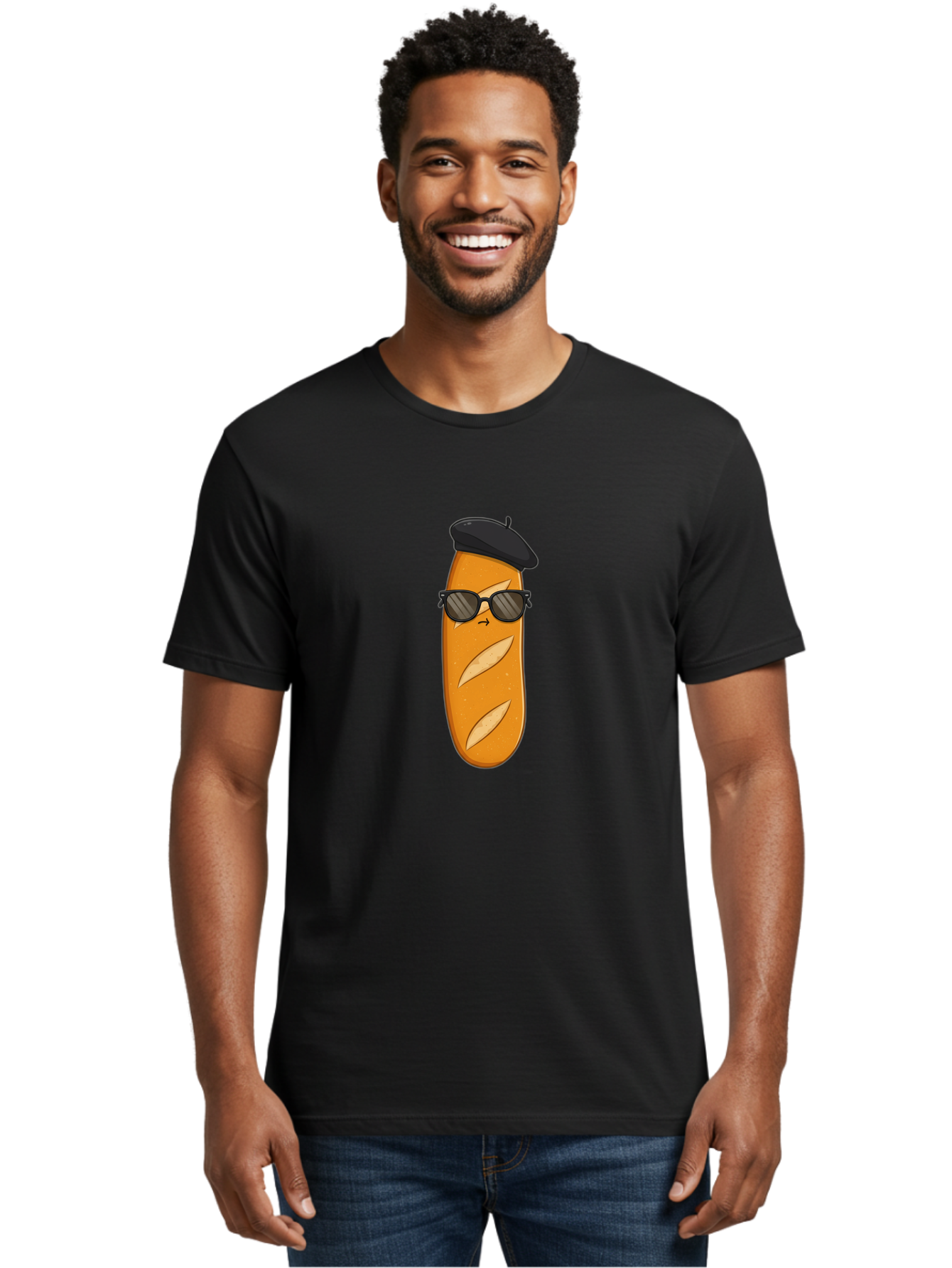 Baguette-Character-1 Men'S Graphic Tee, 100% Cotton, Comfortable Casual Summer Wear, Machine Washable, Cartoon Baguette, Sunglasses, Beret, French Bread, Cute Character, Funny Meme, Cartoon Style, Bread Character, Quirky Design, Bac590
