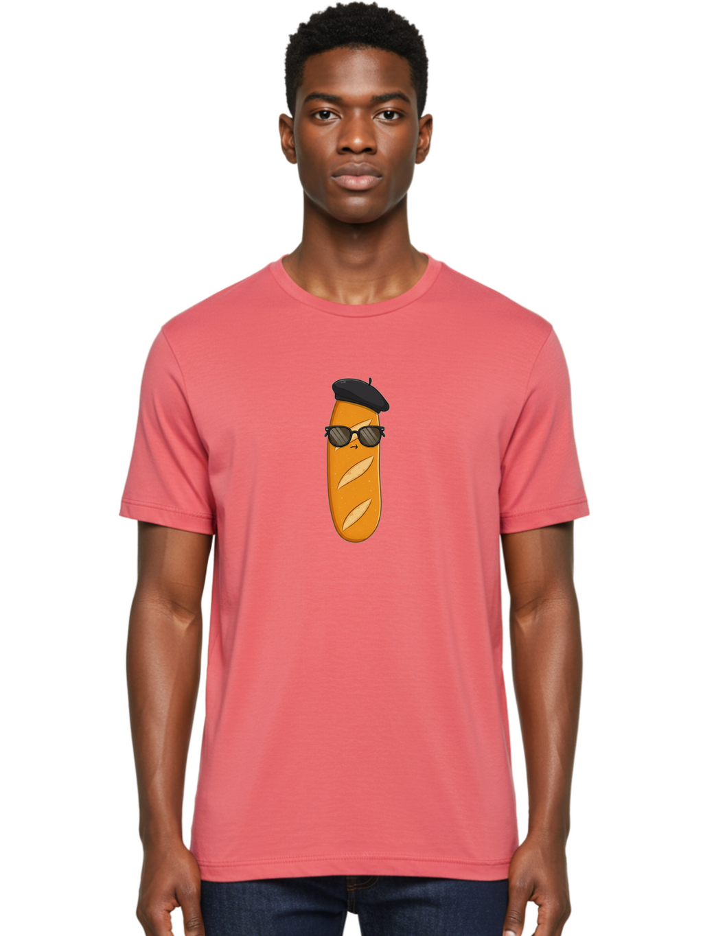 Baguette-Character-1 Men'S Graphic Tee, 100% Cotton, Comfortable Casual Summer Wear, Machine Washable, Cartoon Baguette, Sunglasses, Beret, French Bread, Cute Character, Funny Meme, Cartoon Style, Bread Character, Quirky Design, Bac590