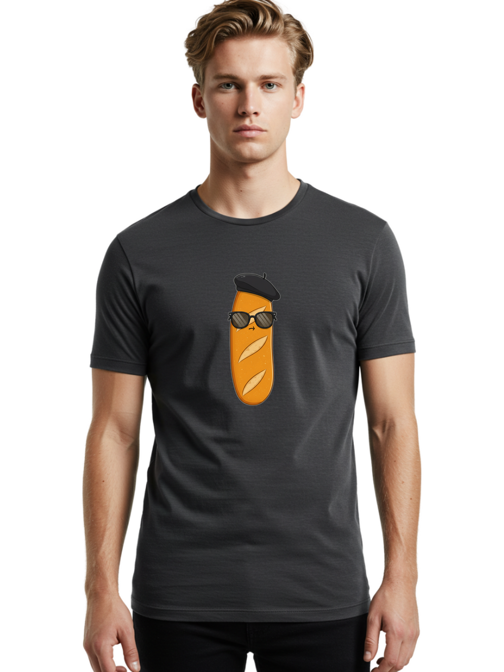 Baguette-Character-1 Men'S Graphic Tee, 100% Cotton, Comfortable Casual Summer Wear, Machine Washable, Cartoon Baguette, Sunglasses, Beret, French Bread, Cute Character, Funny Meme, Cartoon Style, Bread Character, Quirky Design, Bac590