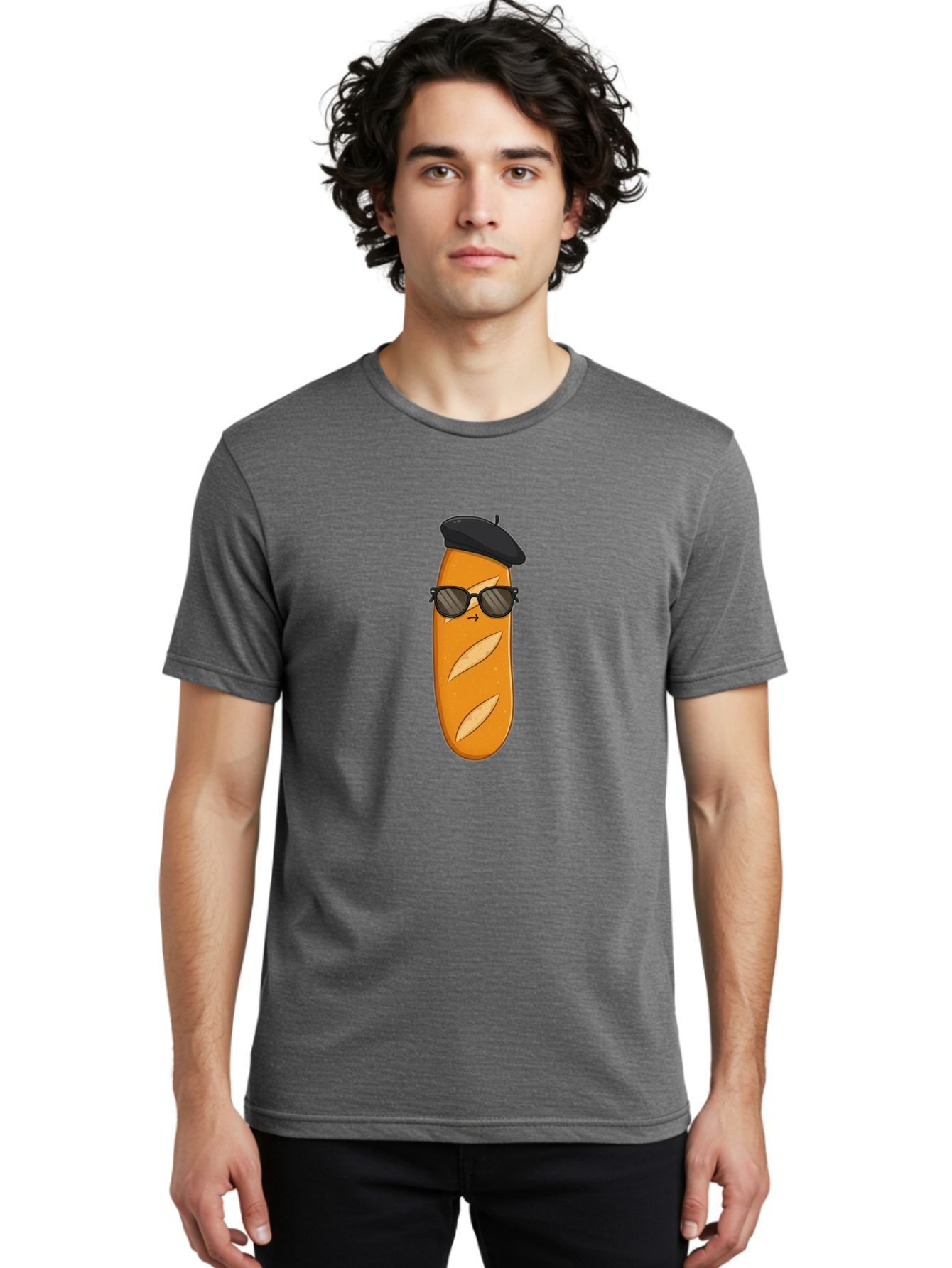 Baguette-Character-1 Men'S Graphic Tee, 100% Cotton, Comfortable Casual Summer Wear, Machine Washable, Cartoon Baguette, Sunglasses, Beret, French Bread, Cute Character, Funny Meme, Cartoon Style, Bread Character, Quirky Design, Bac590