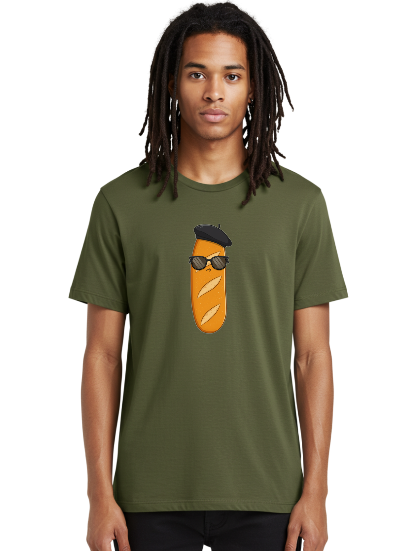 Baguette-Character-1 Men'S Graphic Tee, 100% Cotton, Comfortable Casual Summer Wear, Machine Washable, Cartoon Baguette, Sunglasses, Beret, French Bread, Cute Character, Funny Meme, Cartoon Style, Bread Character, Quirky Design, Bac590