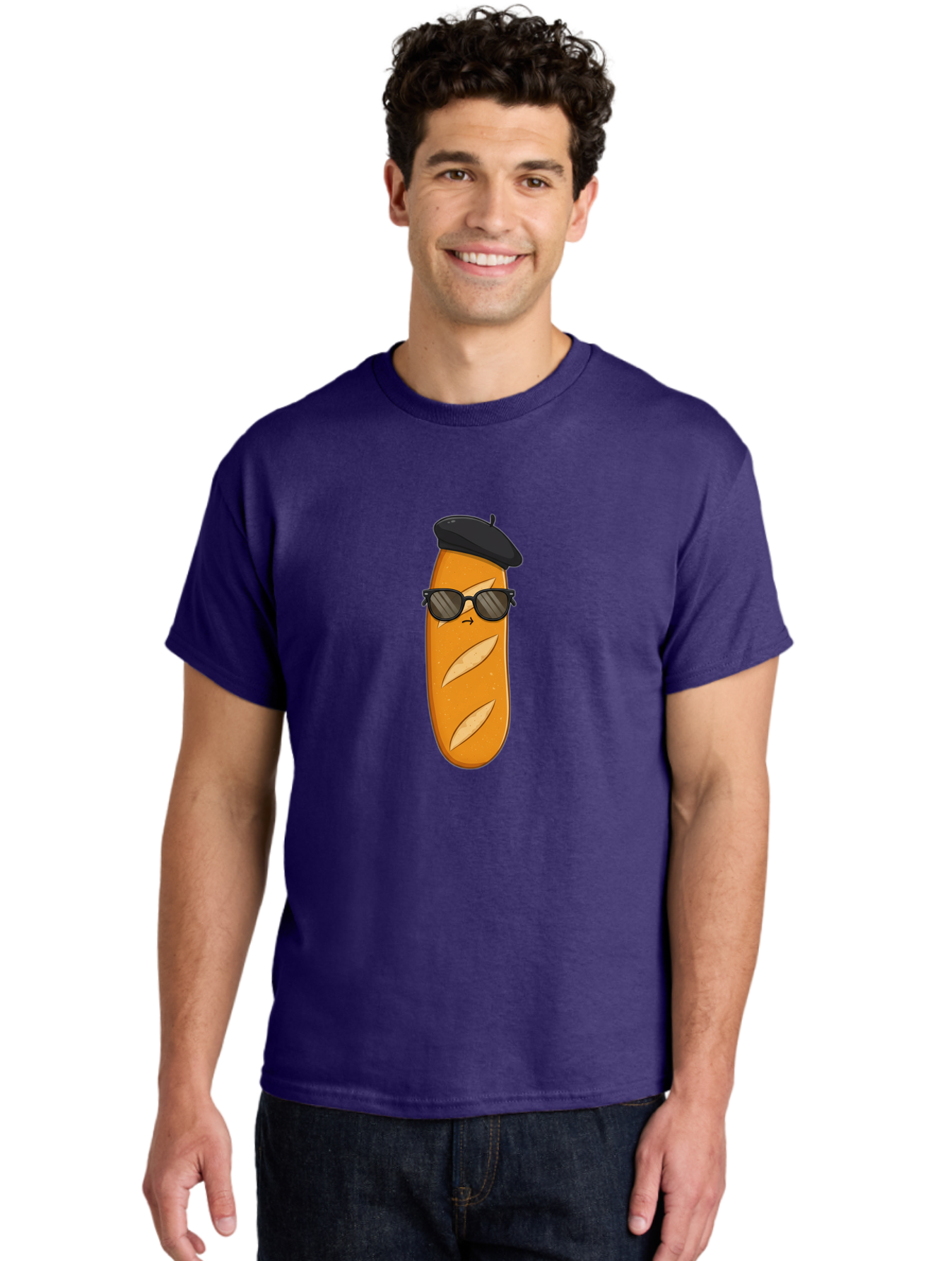 Baguette-Character-1 Men'S Graphic Tee, 100% Cotton, Comfortable Casual Summer Wear, Machine Washable, Cartoon Baguette, Sunglasses, Beret, French Bread, Cute Character, Funny Meme, Cartoon Style, Bread Character, Quirky Design, Bac590