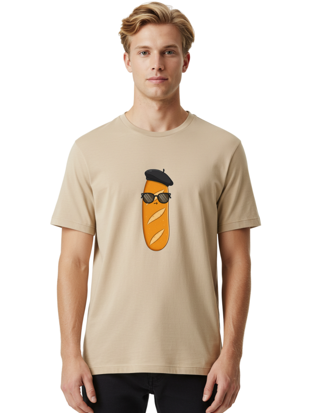 Baguette-Character-1 Men'S Graphic Tee, 100% Cotton, Comfortable Casual Summer Wear, Machine Washable, Cartoon Baguette, Sunglasses, Beret, French Bread, Cute Character, Funny Meme, Cartoon Style, Bread Character, Quirky Design, Bac590