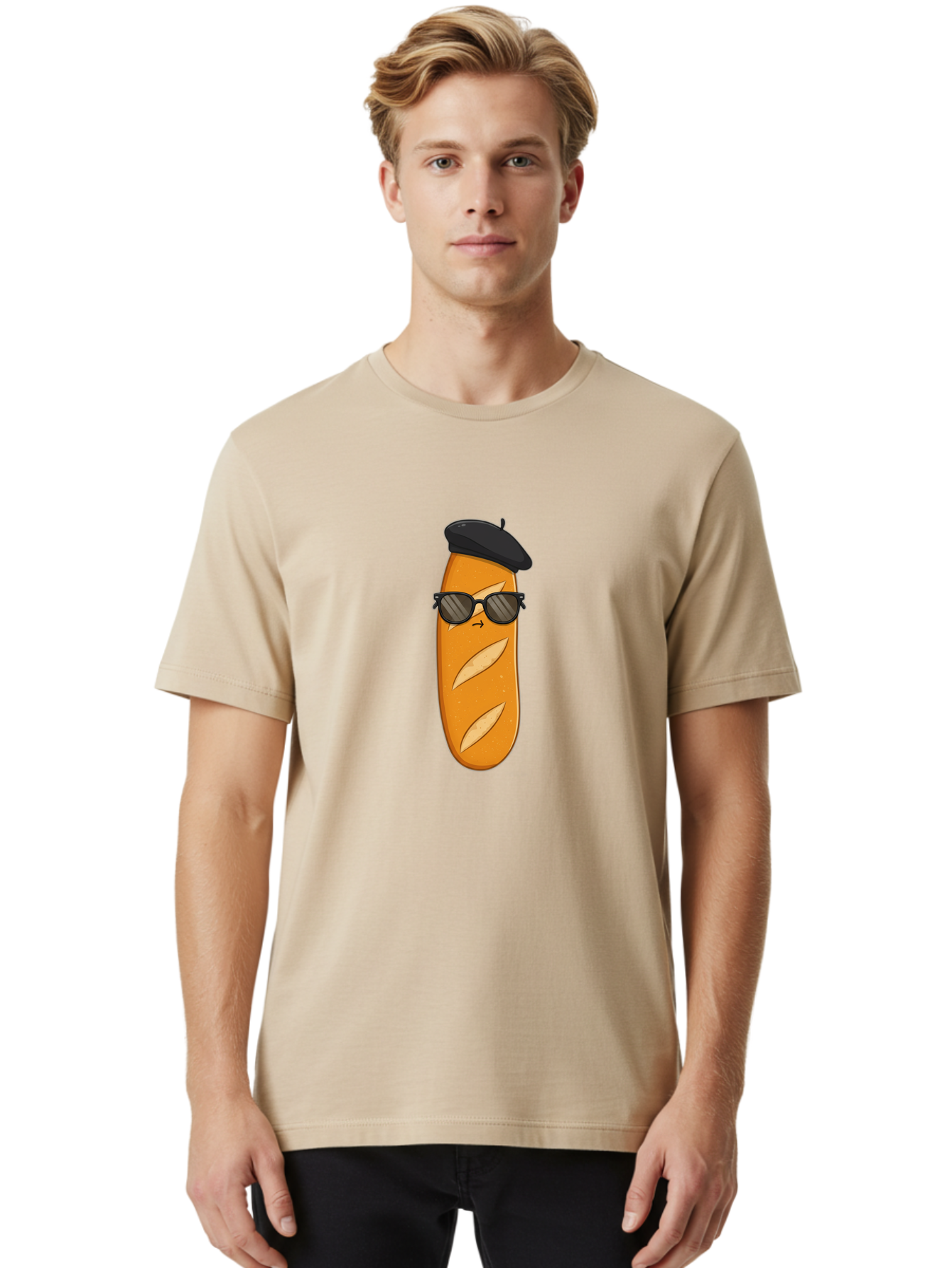 Baguette-Character-1 Men'S Graphic Tee, 100% Cotton, Comfortable Casual Summer Wear, Machine Washable, Cartoon Baguette, Sunglasses, Beret, French Bread, Cute Character, Funny Meme, Cartoon Style, Bread Character, Quirky Design, Bac590
