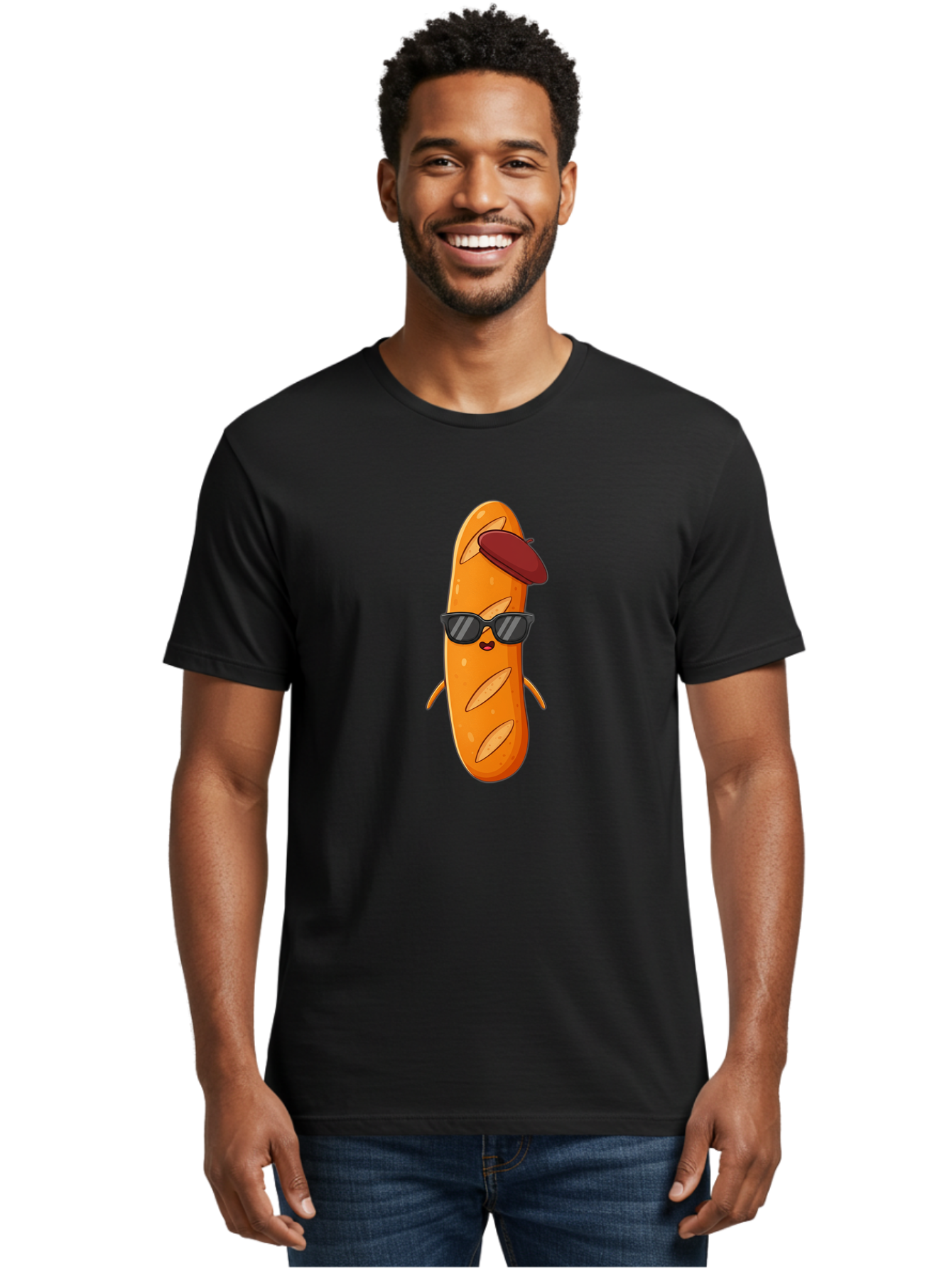 Baguette-Character Men'S Graphic Tee, 100% Cotton, Comfortable Casual Summer Wear, Machine Washable, Cartoon Baguette, Anthropomorphic Bread, Sunglasses, Beret, Cute Character, Funny Mascot, Quirky Illustration, Kawaii Food, Humorous Design, Bac591