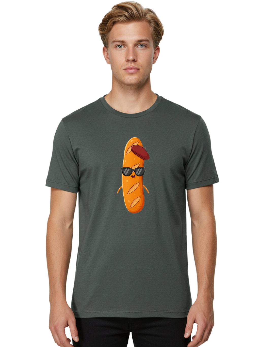Baguette-Character Men'S Graphic Tee, 100% Cotton, Comfortable Casual Summer Wear, Machine Washable, Cartoon Baguette, Anthropomorphic Bread, Sunglasses, Beret, Cute Character, Funny Mascot, Quirky Illustration, Kawaii Food, Humorous Design, Bac591