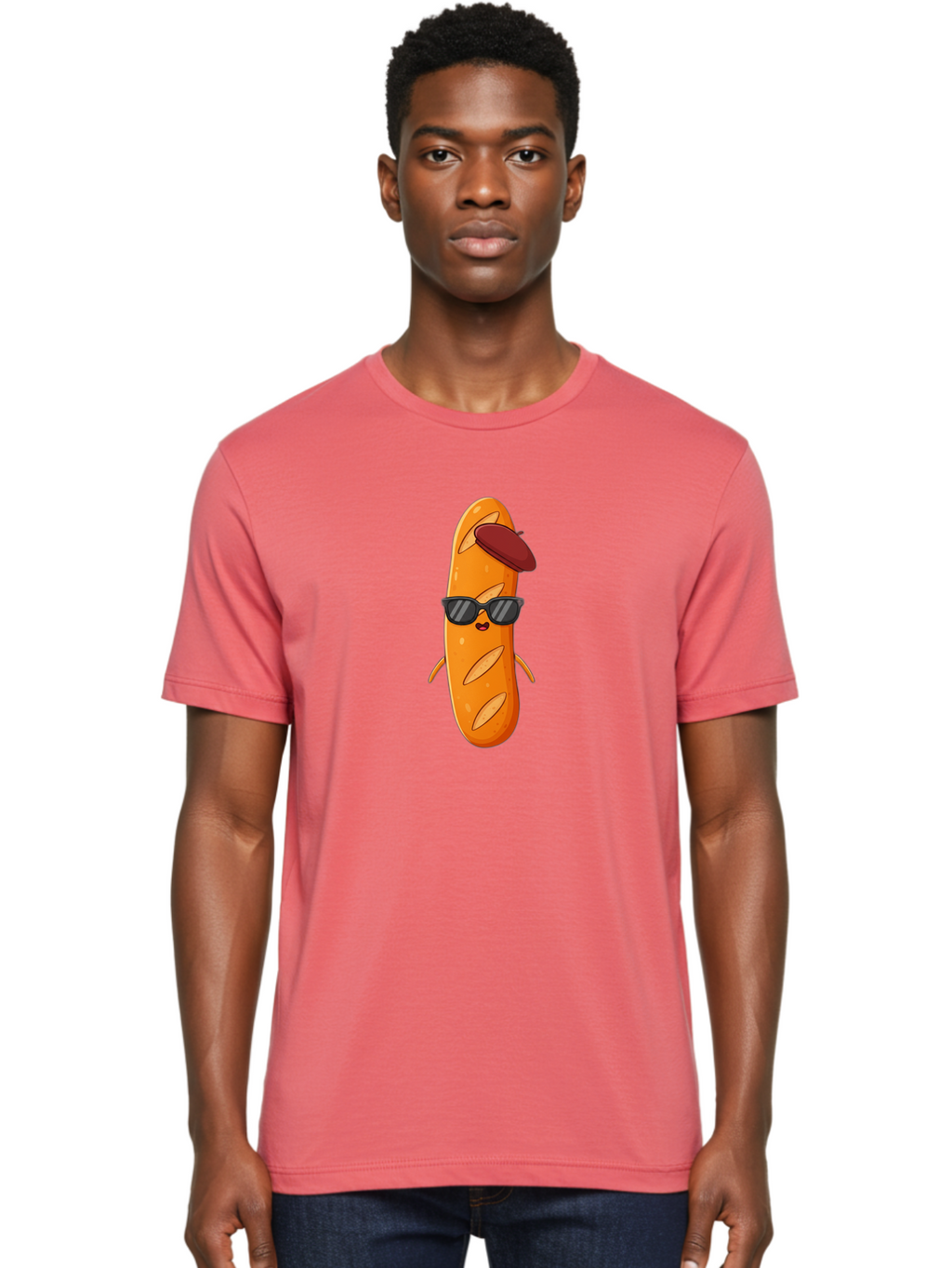 Baguette-Character Men'S Graphic Tee, 100% Cotton, Comfortable Casual Summer Wear, Machine Washable, Cartoon Baguette, Anthropomorphic Bread, Sunglasses, Beret, Cute Character, Funny Mascot, Quirky Illustration, Kawaii Food, Humorous Design, Bac591
