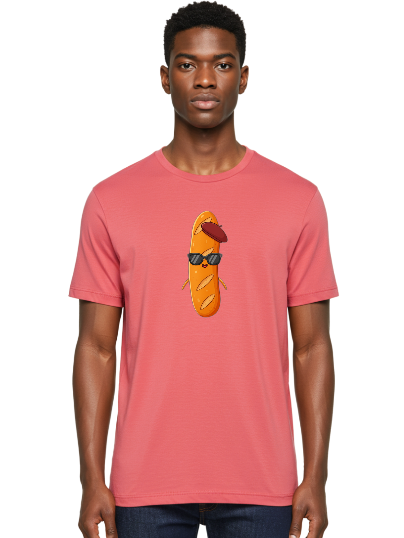 Baguette-Character Men'S Graphic Tee, 100% Cotton, Comfortable Casual Summer Wear, Machine Washable, Cartoon Baguette, Anthropomorphic Bread, Sunglasses, Beret, Cute Character, Funny Mascot, Quirky Illustration, Kawaii Food, Humorous Design, Bac591