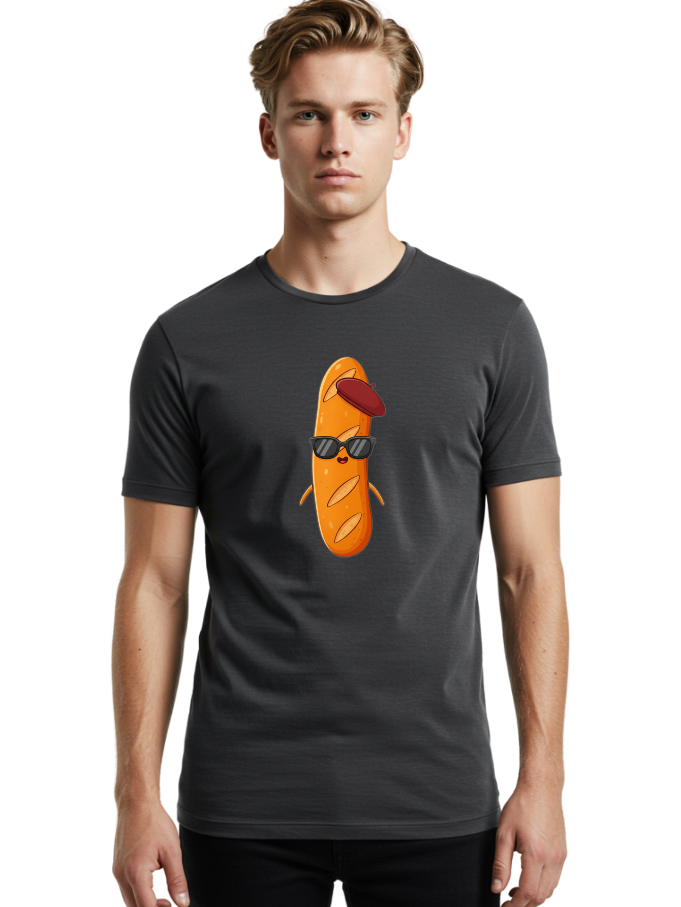 Baguette-Character Men'S Graphic Tee, 100% Cotton, Comfortable Casual Summer Wear, Machine Washable, Cartoon Baguette, Anthropomorphic Bread, Sunglasses, Beret, Cute Character, Funny Mascot, Quirky Illustration, Kawaii Food, Humorous Design, Bac591