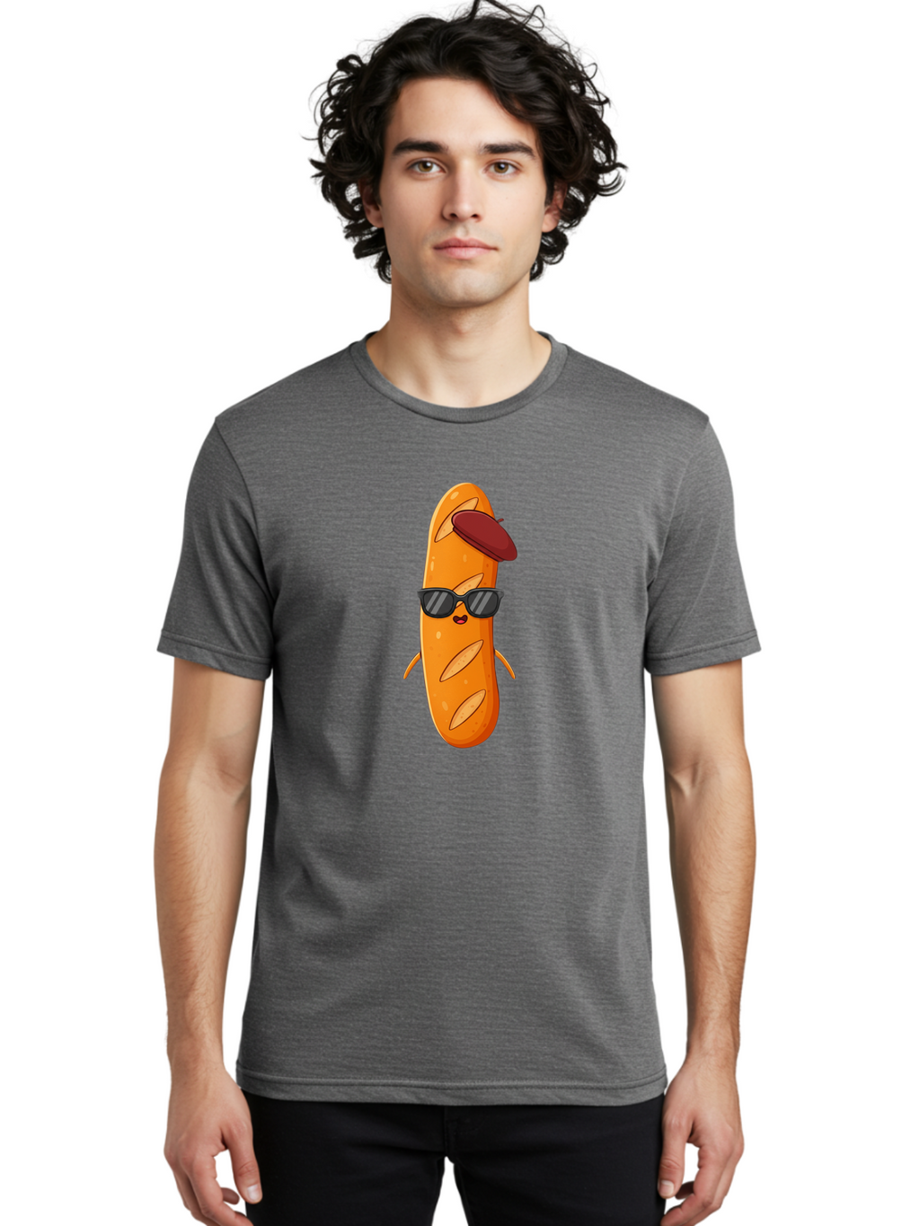 Baguette-Character Men'S Graphic Tee, 100% Cotton, Comfortable Casual Summer Wear, Machine Washable, Cartoon Baguette, Anthropomorphic Bread, Sunglasses, Beret, Cute Character, Funny Mascot, Quirky Illustration, Kawaii Food, Humorous Design, Bac591