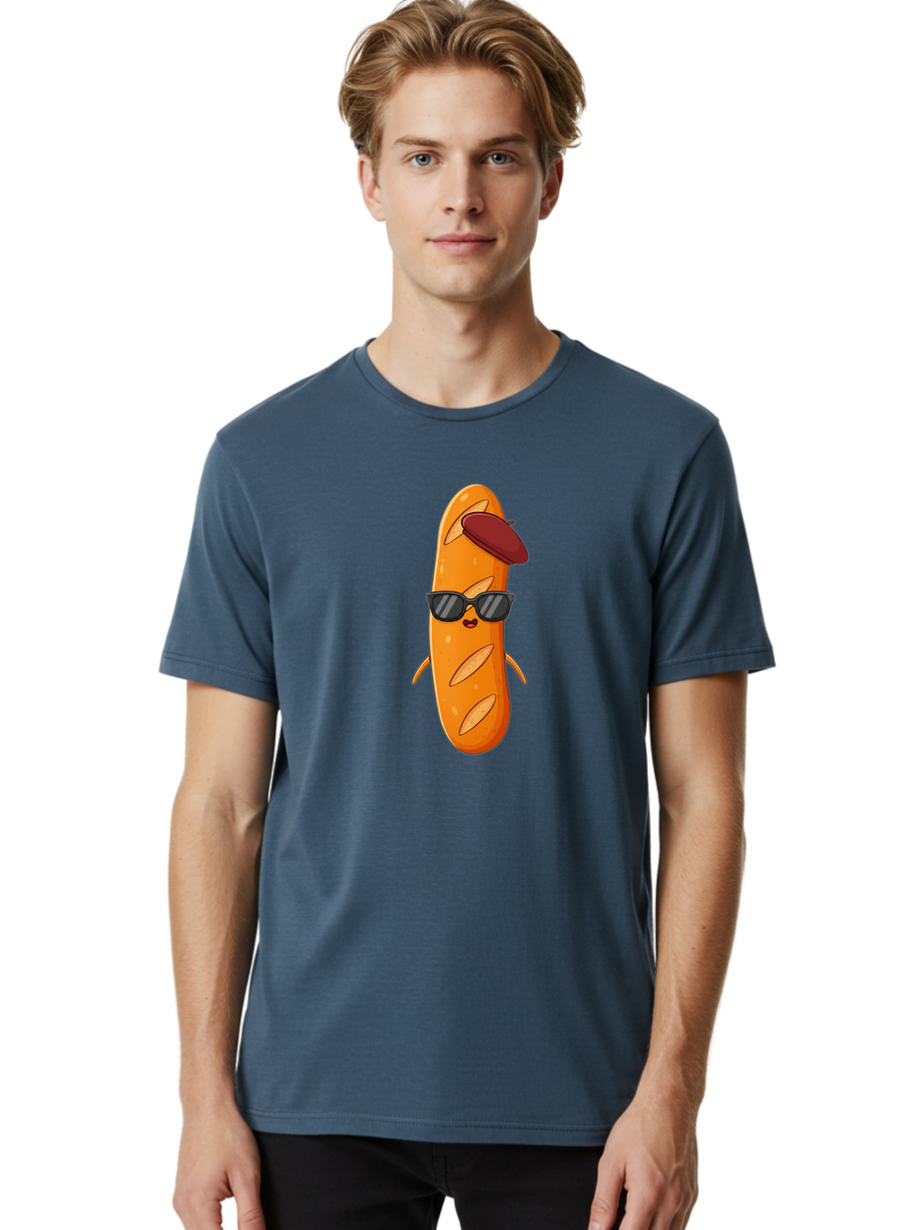 Baguette-Character Men'S Graphic Tee, 100% Cotton, Comfortable Casual Summer Wear, Machine Washable, Cartoon Baguette, Anthropomorphic Bread, Sunglasses, Beret, Cute Character, Funny Mascot, Quirky Illustration, Kawaii Food, Humorous Design, Bac591