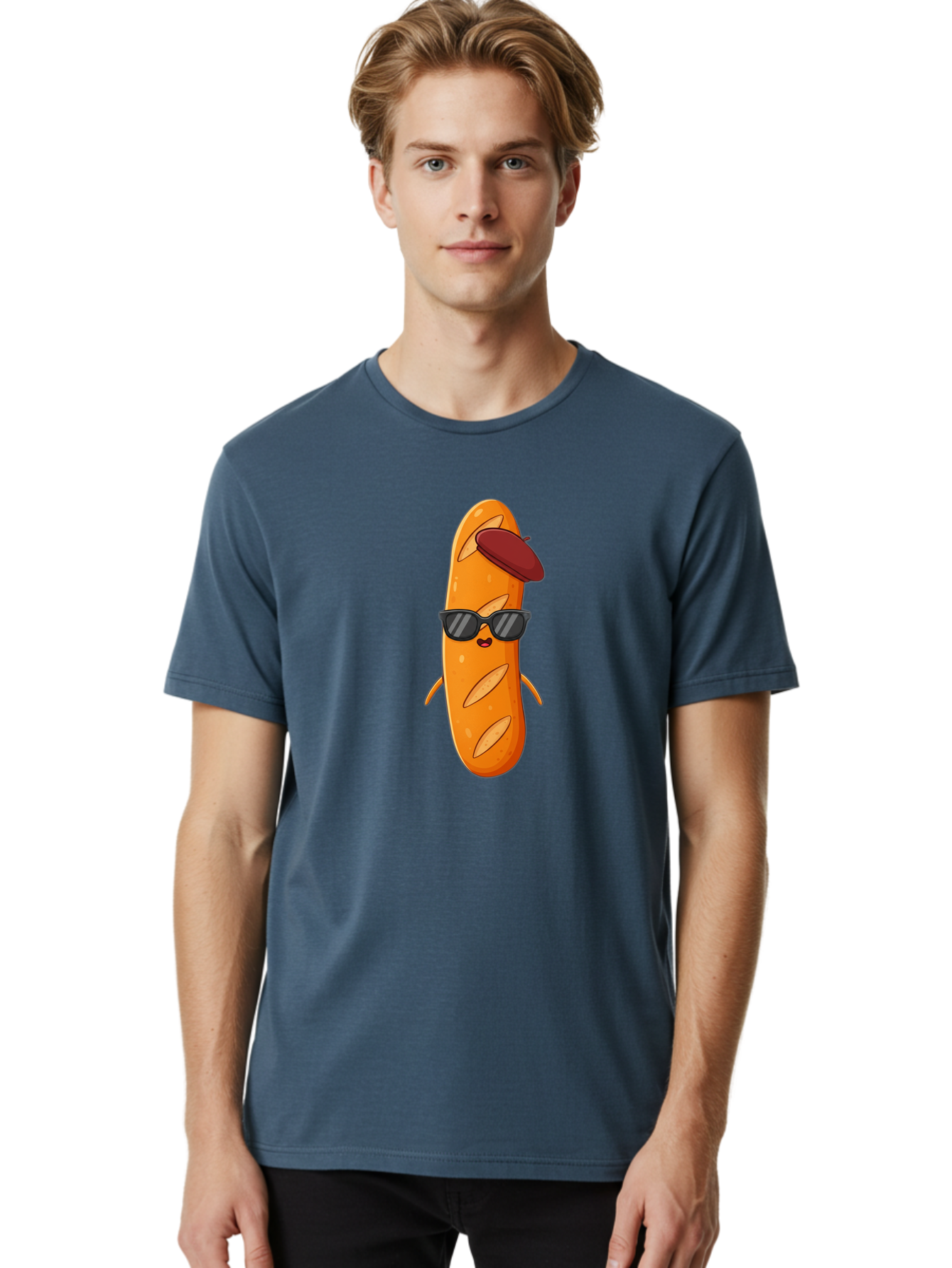 Baguette-Character Men'S Graphic Tee, 100% Cotton, Comfortable Casual Summer Wear, Machine Washable, Cartoon Baguette, Anthropomorphic Bread, Sunglasses, Beret, Cute Character, Funny Mascot, Quirky Illustration, Kawaii Food, Humorous Design, Bac591